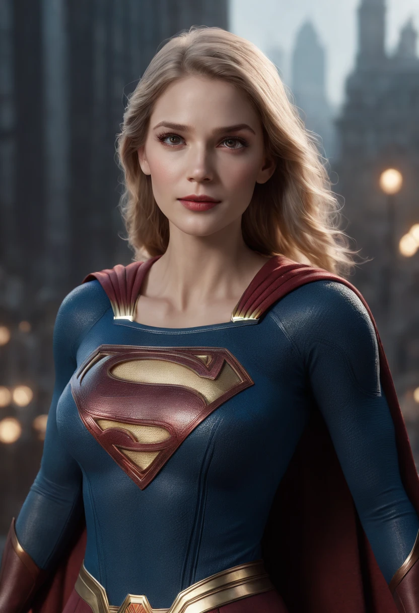 A beautiful sexy woman wearing a Supergirl cosplay outfit, detailed realistic 4k highres masterpiece:1.2, UHD
