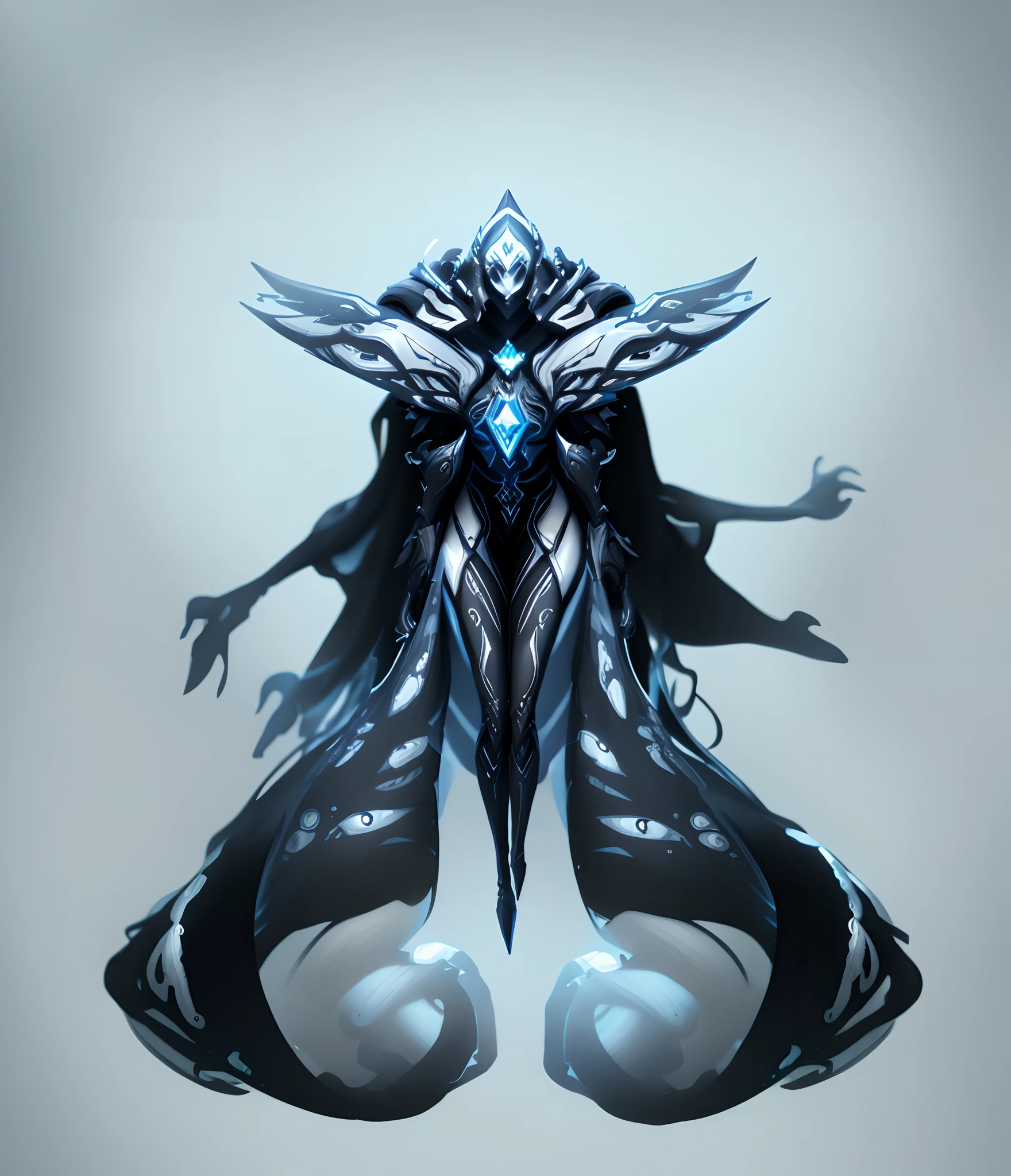 a black and white photo of a woman with wings on her head, rsrs, arte conceitual demon soul, Arte conceitual escura de alto contraste, symmetric concept art, demon noble character design, fanart warframe de alta qualidade, fanart detalhada do warframe, simetria!! arte conceitual, conceito de corpo inteiro, arte infestada de warframe, Fanart Warframe requintada