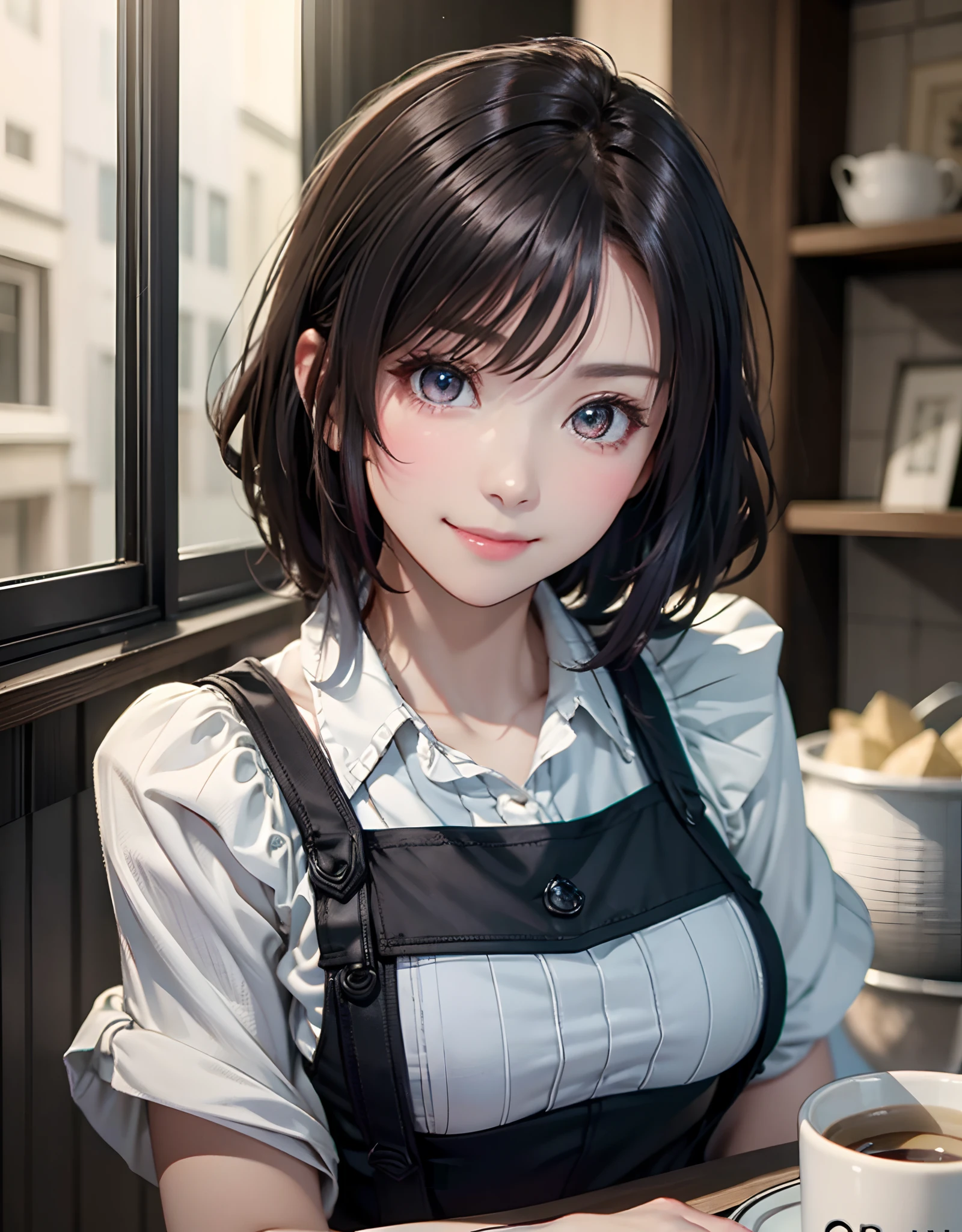 top-quality、8K Masterpiece、超A high resolution、(Photorealsitic:1.3)、Raw photo、1人、Short bob hair、glowy skin、Cafe Clerk、Stylish、Cute apron、((super realistic details))、portlate、globalillumination、octan render、in 8K、ultrasharp、highly intricate detail、Realistic light、CGSoation Trends、beautidful eyes、radiant eyes、Facing the camera、Spiteful smile
