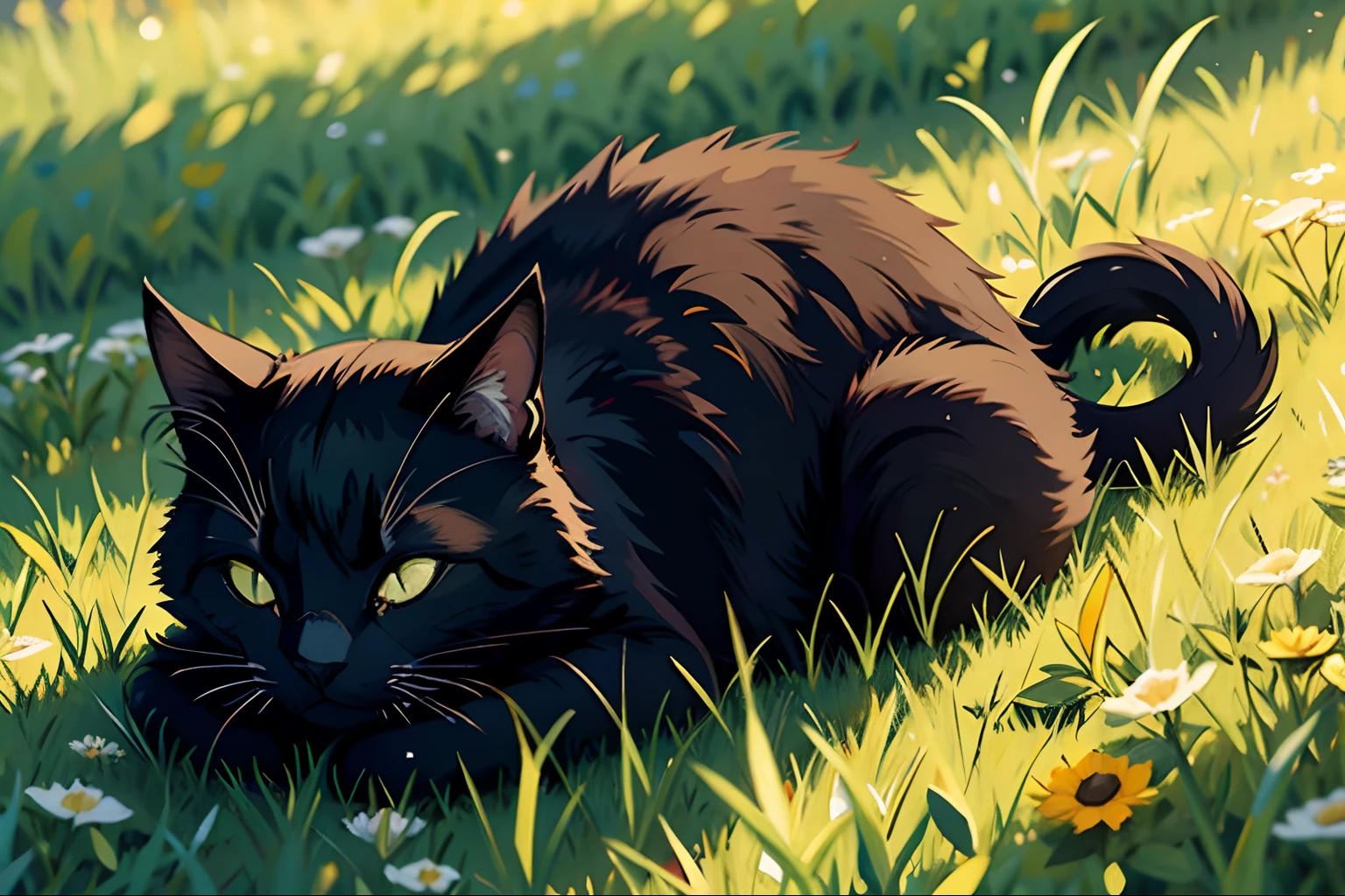 black cat sleeping, grass, strong Sun,