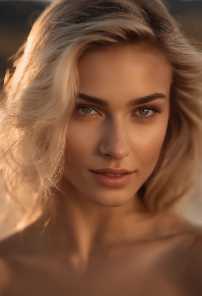 Young and beautiful woman, blonde hair gently falling in waves to the shoulders, Average Height, big green eyes, fair skin, w bikini lezy na plazy a fale muskaja jej stopy, The surroundings are illuminated by lights with warm and pleasant colors, making her hair shine, jej oblicze jest naturalnie pogodne, tekstura 8K, Very detailed, realistyczne, Soft Cinema Light, HDR, Sharp focus, masterpiece, fotorealistyczne, Photography Award - Winning Canon EOS R5, 35 mm