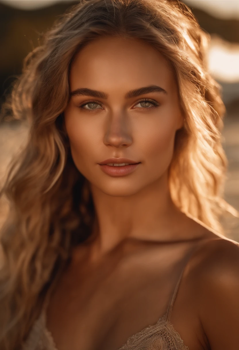 Cinematic soft lighting illuminates a stunningly detailed and ultra-realistic beautiful Greek supermodel, beach look, long messy windy dark blonde hair, clear green eyes, captivating perfect smile, sensual, hot woman, gorgeous, that is trending on ArtStation. Octane is the perfect tool to capture the softest details of this 16k photography masterpiece.