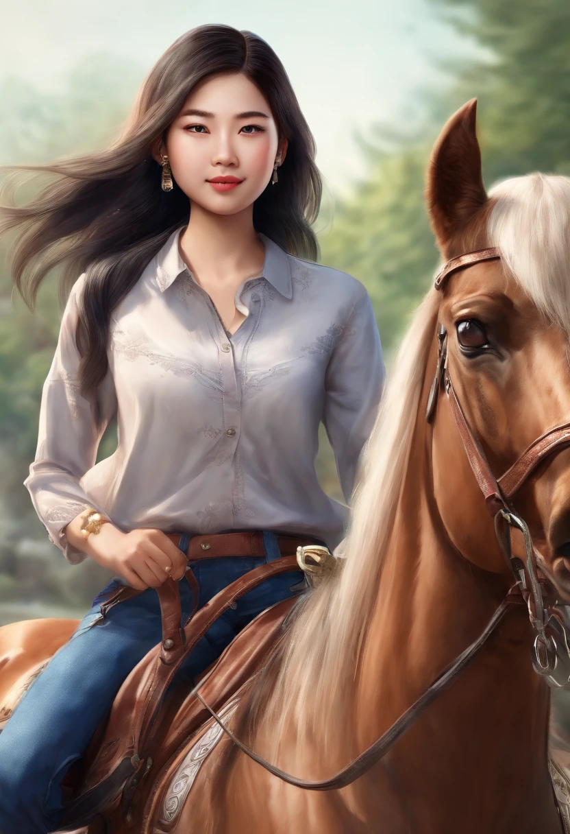 Extreme asian teen woman caricature chibi, ride a brown horse, realistic, detail, 8K picture
