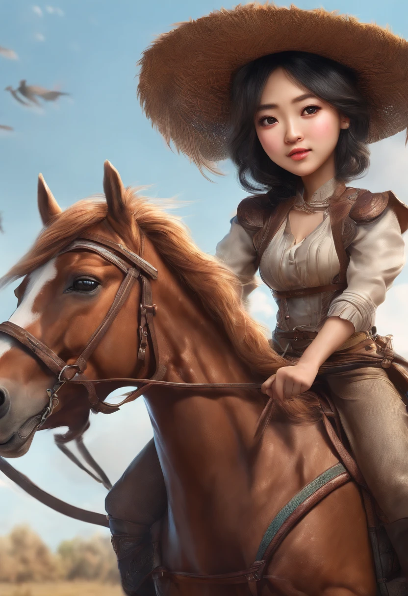 Extreme asian woman caricature chibi, ride a brown horse, realistic, detail, 8K picture