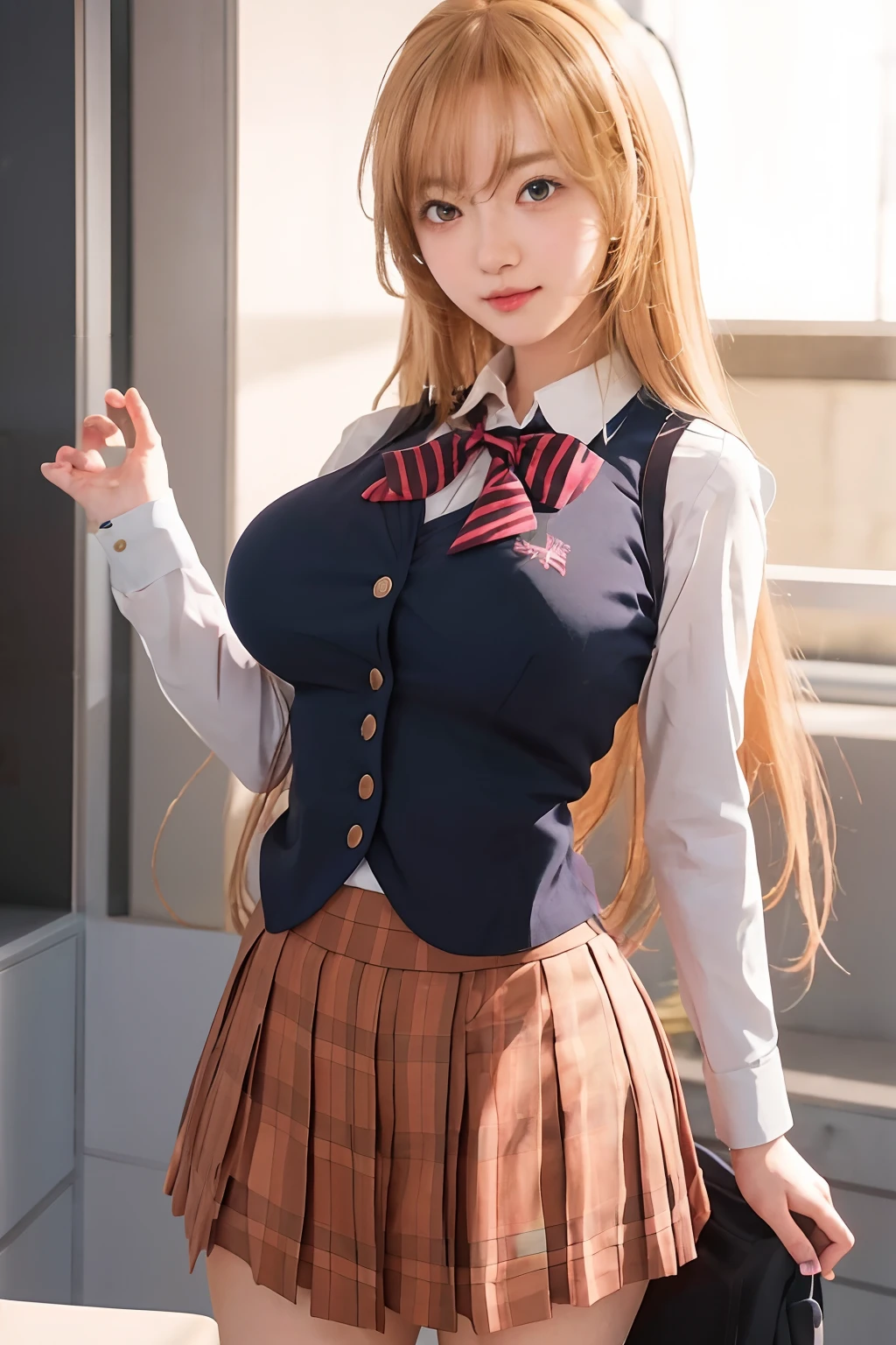 anime girl in school uniform posing for camera with hand on hips, realistic schoolgirl, a hyperrealistic schoolgirl, hyperrealistic schoolgirl, beautiful anime high school girl, school girl, marin kitagawa fanart, with a large breasts, seductive anime girl, cute schoolgirl, big breasts!, anime girl with long hair, smooth anime cg art, | fine detail anime