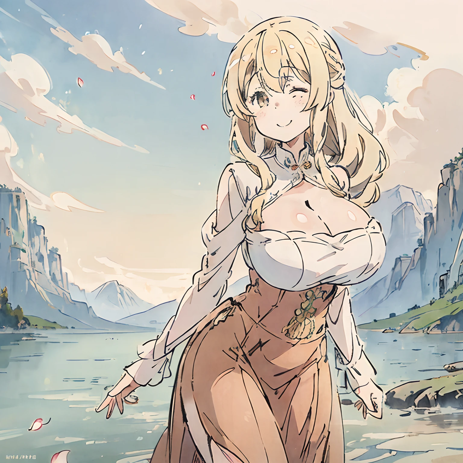 (Huge tits), (), (), busty, cleavage, masterpiece, absurdres , (intricate details), blonde, (colorful),cinematic lighting,extremely detailed CG unity 8k wallpaper, 1girl, solo, cowboy shot, looking at viewer, outdoors, mountain, lake, day, cloudy sky, wind, floating hair, falling petals, (smile),