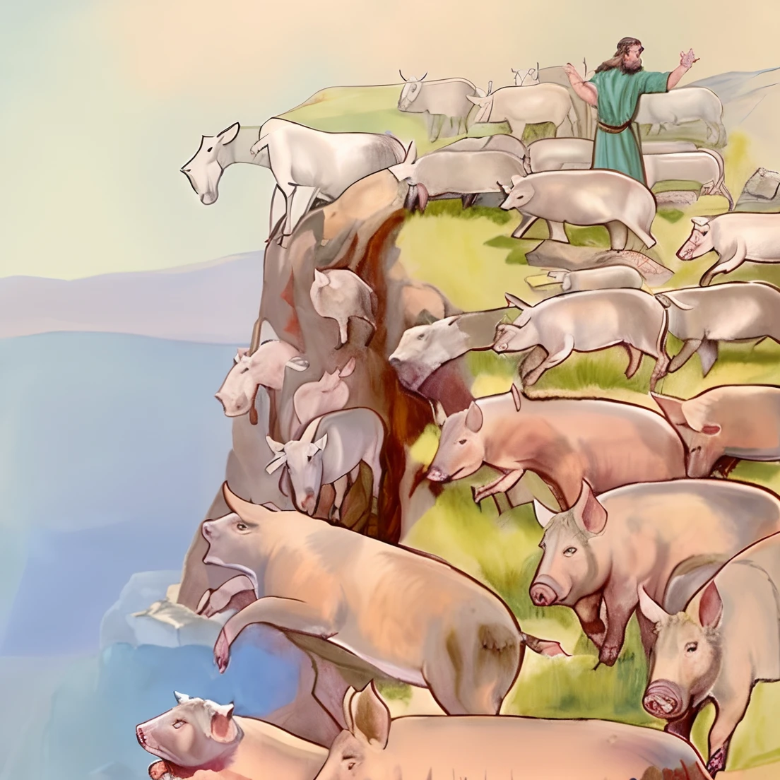 There's a man standing on a cliff with a herd of pigs, epic biblical representation, prehistoric hell pigs, Porcos, bible illustration, Directed by: Vladimir Vasicek, Directed by: Leonard Long, Directed by: Jan Karpisek, Directed by: Ivan Mrkvička, Directed by: Jan Zrzavy, biblical art style