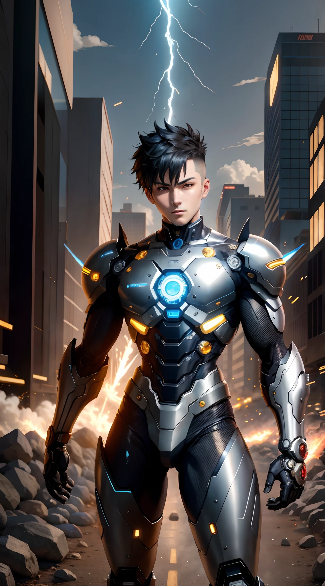 RAW photo, *subject*, (high detailed skin:1.2), 8k uhd, dslr, soft lighting, high quality, film grain, neon lighting, (vibrant glow):1.2, dynamic colors, striking contrast, futuristic vibe, electric energy, reflective surfaces , cyberpunk , (1boy:1.3) , short hair , bangs , cowboy shot , biomechanical, mechanical parts , weapons , science fiction , street,