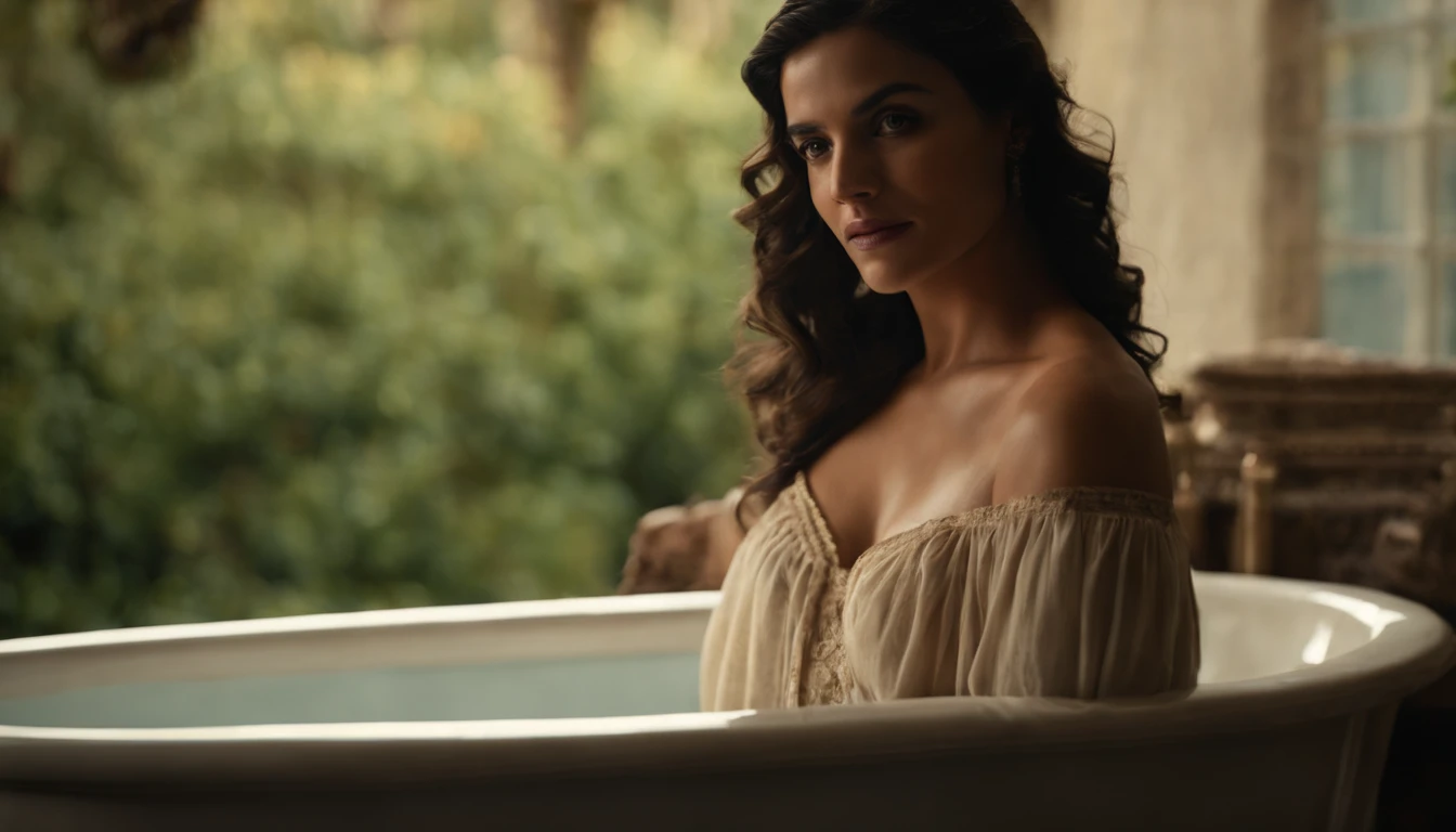 Uma mulher semi-nua se banhando e sua imagem desfocada em um banheiro da epoca de cristo. Uma mulher morena de rosto delicado