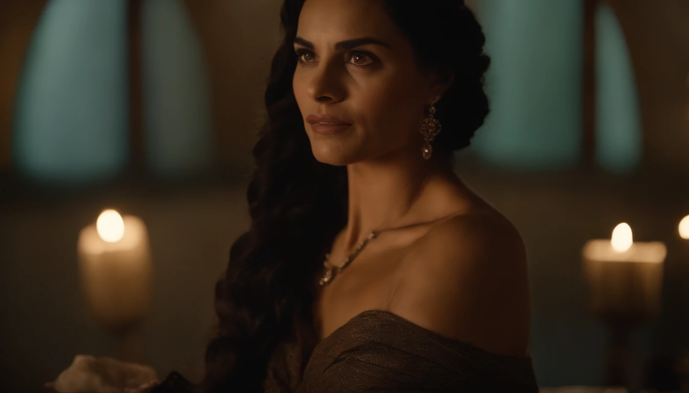 Uma mulher semi-nua se banhando e sua imagem desfocada em um banheiro da epoca de cristo. Uma mulher morena de rosto delicado