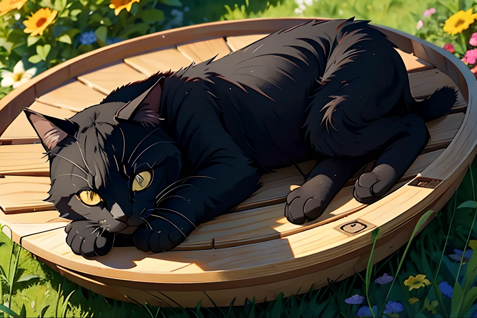 black cat, sleeping with eyes closed, sunny garden,