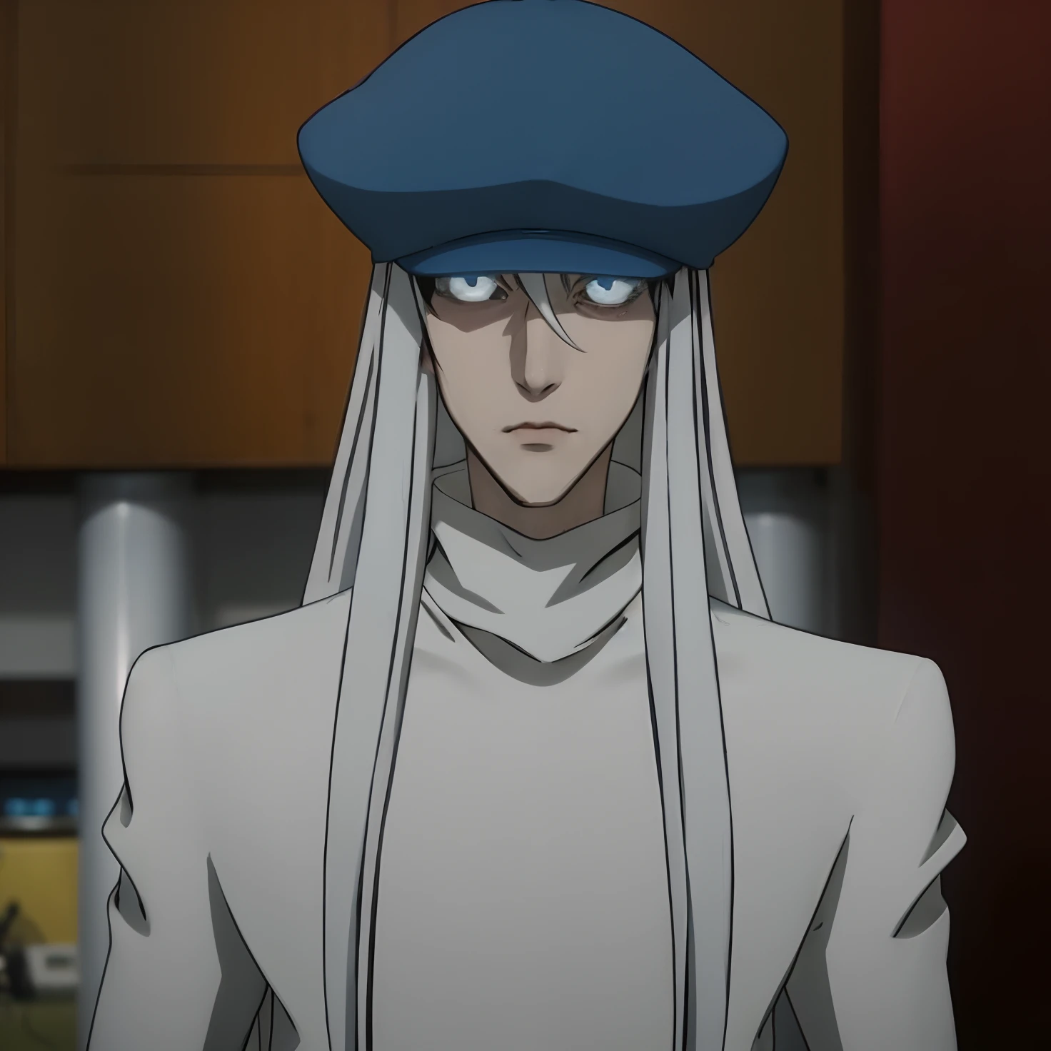 A closeup of a person wearing a hat and a white shirt, dandy from space dandy anime, como um personagem de anime, Shiro, Deadman Wonderland, personagem de anime, Leiji Matsumoto, estilo de anime madhouse, cara de anime alto com olhos azuis, Yoko Taro, em um anime, cel anime sombreado, Albedo do anime Overlord, personagem de anime masculino