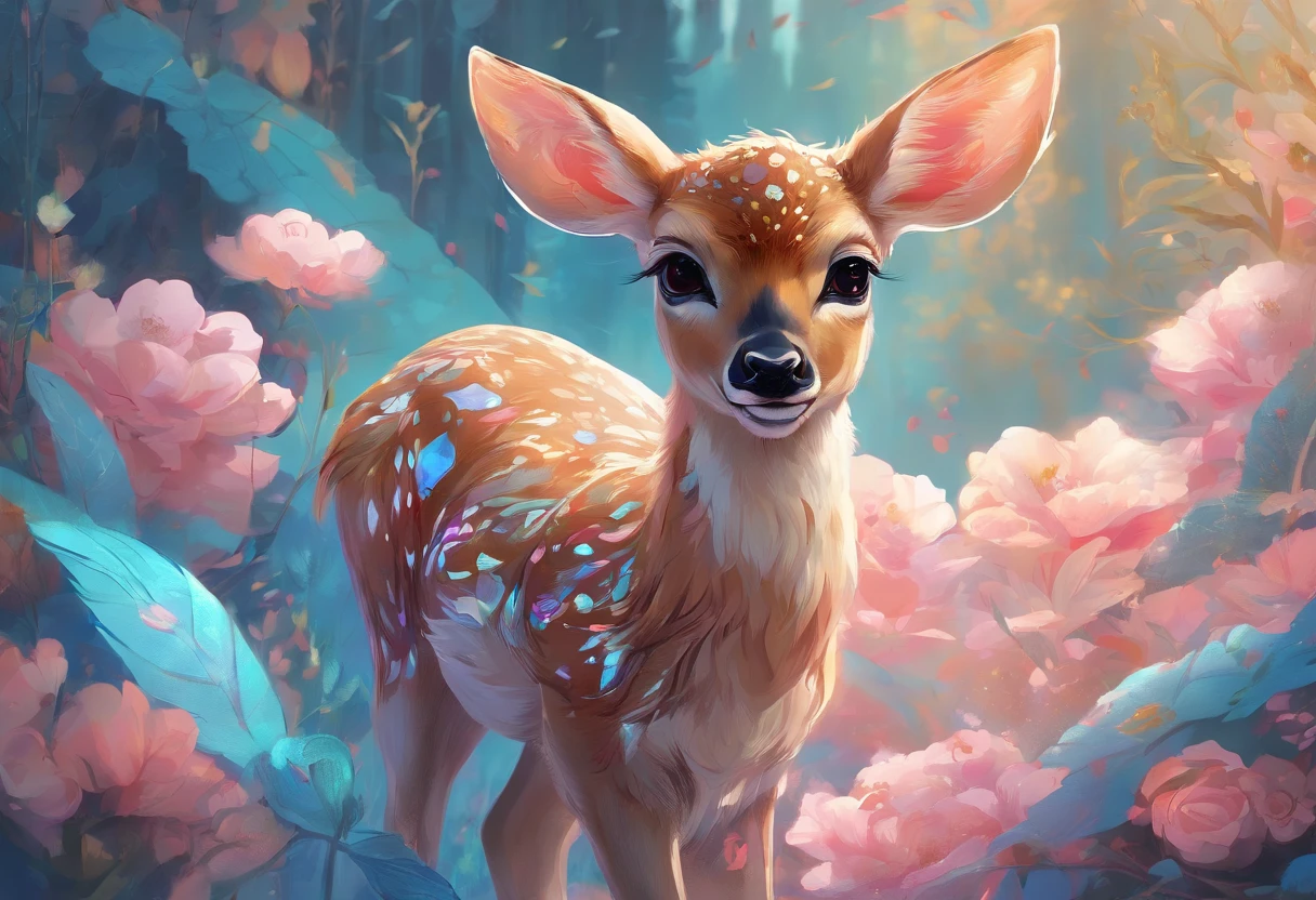 Masterpiece, best quality, 8k, high detail, hyper-detail, a cute fawn, light blue with holographic ornate designs, light pink and gold tetradic colors, approaching perfection