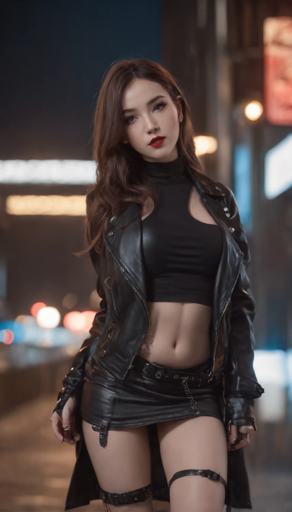 1Punk and goth girl with goth outfit,Sexy,(Black leather jacket, Mini skirt, choker necklace, Bracelet:1.1),fishnet stockings, tattoo, Long hair, Brown hair,bare shoulders, Hair between the eyes, Long hair, Oval face, Double eyelids, parted lip, Blue eyes, Solo, ((areola of breast)), (cleavage),Delicate and sexy(鎖骨:1.3), Light brown hair, (Shiny skin:0.8),(Masterpiece:1.4),(Best quality:1.4), Natural, Shiny red lips, Perfect abs, (Sheer areola), (sheerfabric),Outdoors, City, Night, Neon lights , dystopian, during night, future, nedium breasts ,sitted,opening legs