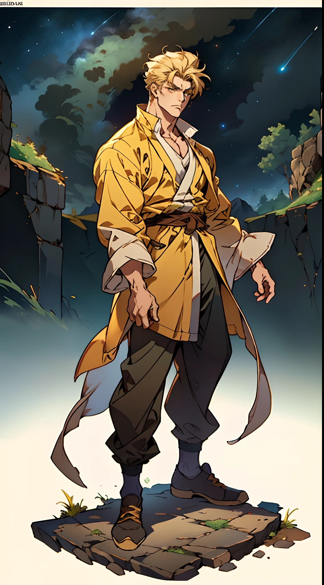 A man with short golden hair, hair standing straight up, a long tuft of bangs, thick eyebrows, a melancholic gaze, a square-shaped face, wears a Chinese-style wide-sleeved undershirt, over which he layers an open-front Dao robe, a color scheme of green and blue and yellow and white, he wears plain trousers and coarse cloth shoes, against the backdrop of a star-studded night sky, this character embodies a finely crafted fantasy-style Chinese martial artist character in anime style, characterized by an exquisite and mature manga illustration art style, full body character drawing, high definition, best quality, highres, ultra-detailed, ultra-fine painting, extremely delicate, professional, anatomically correct, symmetrical face, extremely detailed eyes and face, high quality eyes, creativity, RAW photo, UHD, 8k, Natural light, cinematic lighting, masterpiece:1.5, SFguile