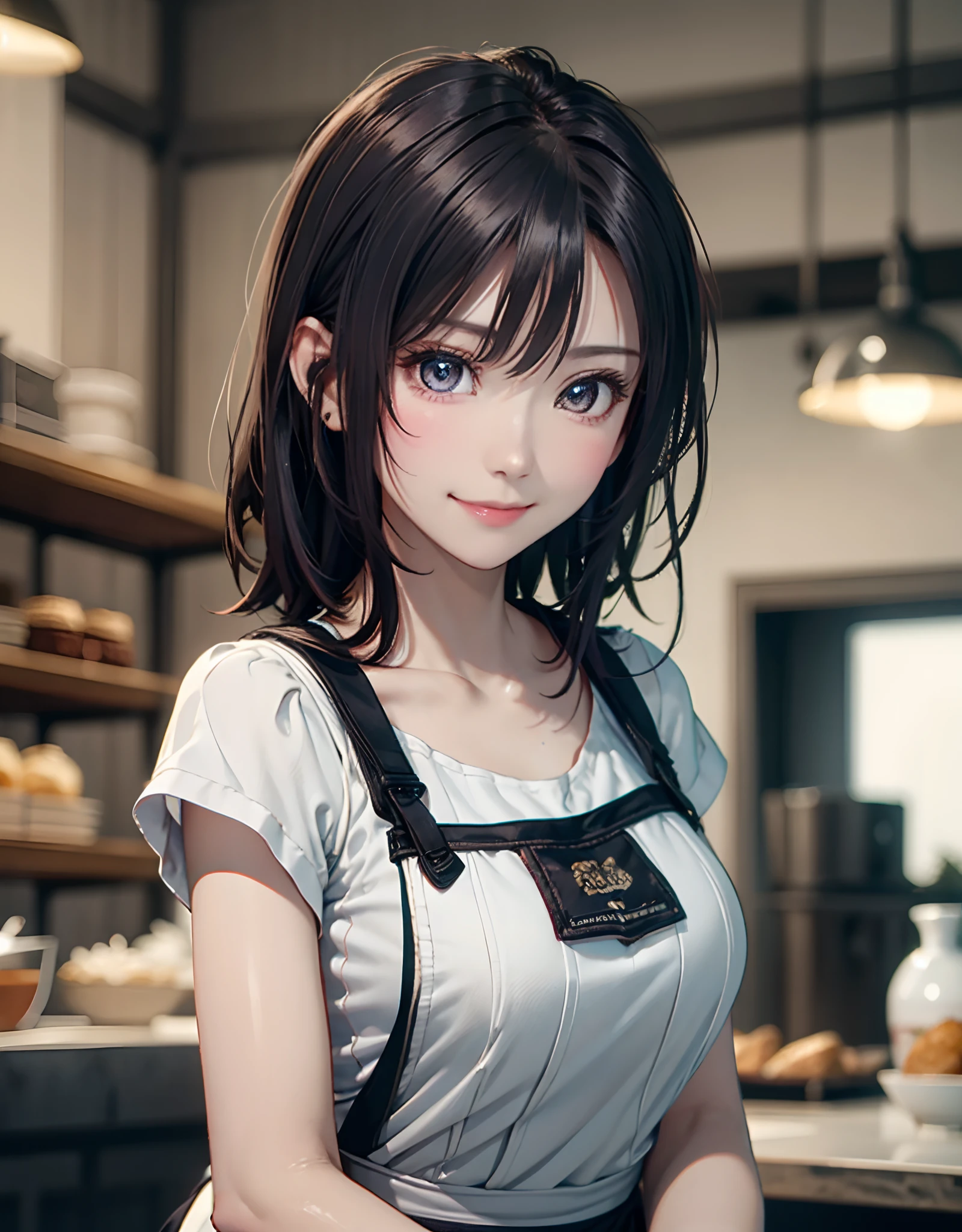 top-quality、8K Masterpiece、超A high resolution、(Photorealsitic:1.3)、Raw photo、女の子1人、Short bob hair、glowy skin、Cafe Clerk、Stylish、Cute apron、((super realistic details))、portlate、globalillumination、octan render、in 8K、ultrasharp、highly intricate detail、Realistic light、CGSoation Trends、beautidful eyes、radiant eyes、Facing the camera、Spiteful smile