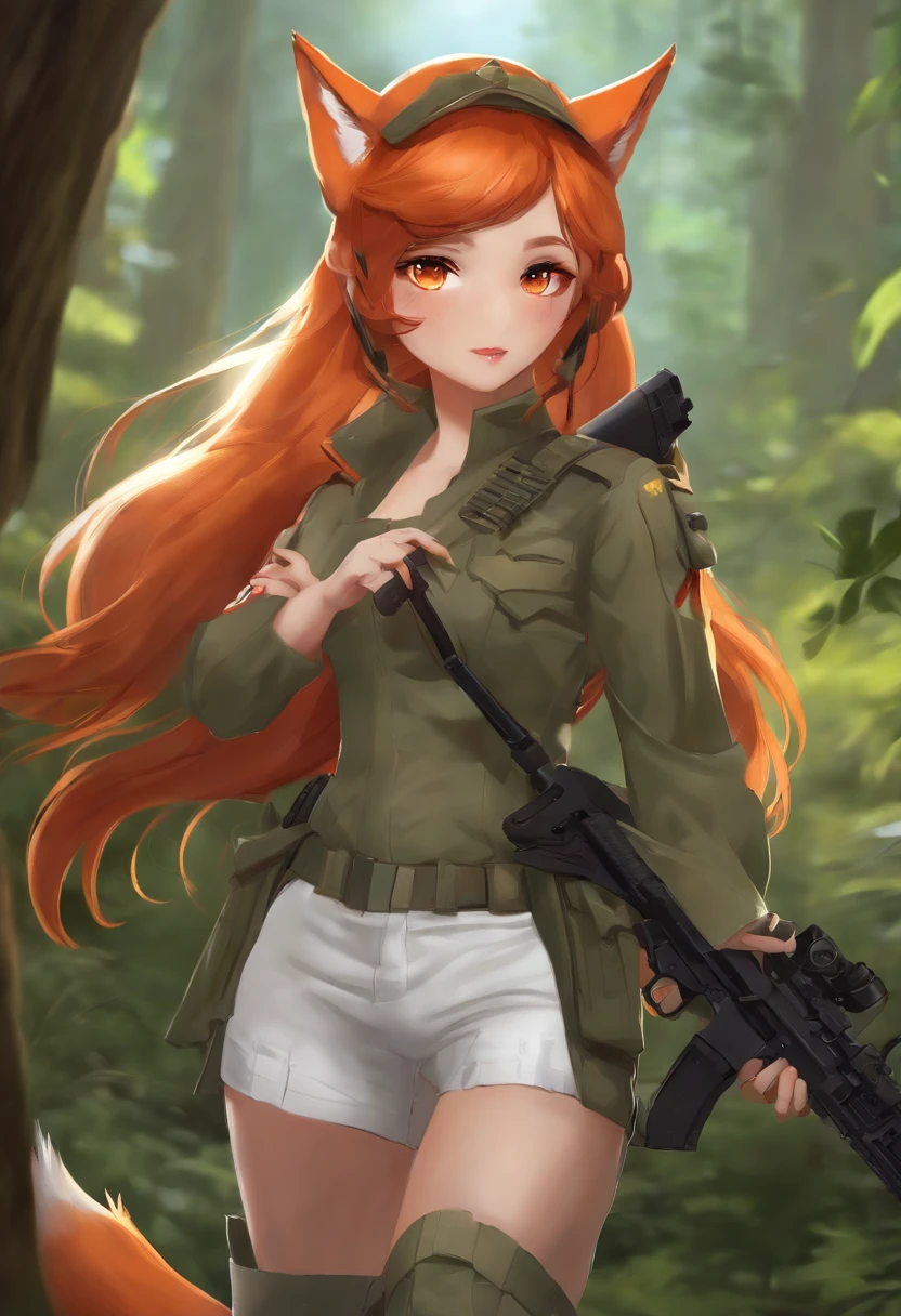 1girl, Ponytail ,long hair orange color, Fox Ear, red eyes, wearing military outfit, holding gun M82A1, Forest, absurdres, high res, ultrasharp, 8k, materpiece, looking at viewer