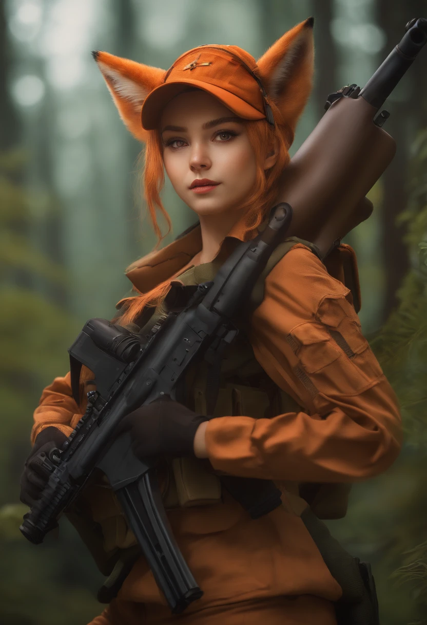 1girl, Ponytail ,long hair orange color, Fox Ear, red eyes, wearing military outfit, holding gun M82A1, Forest, absurdres, high res, ultrasharp, 8k, materpiece, looking at viewer