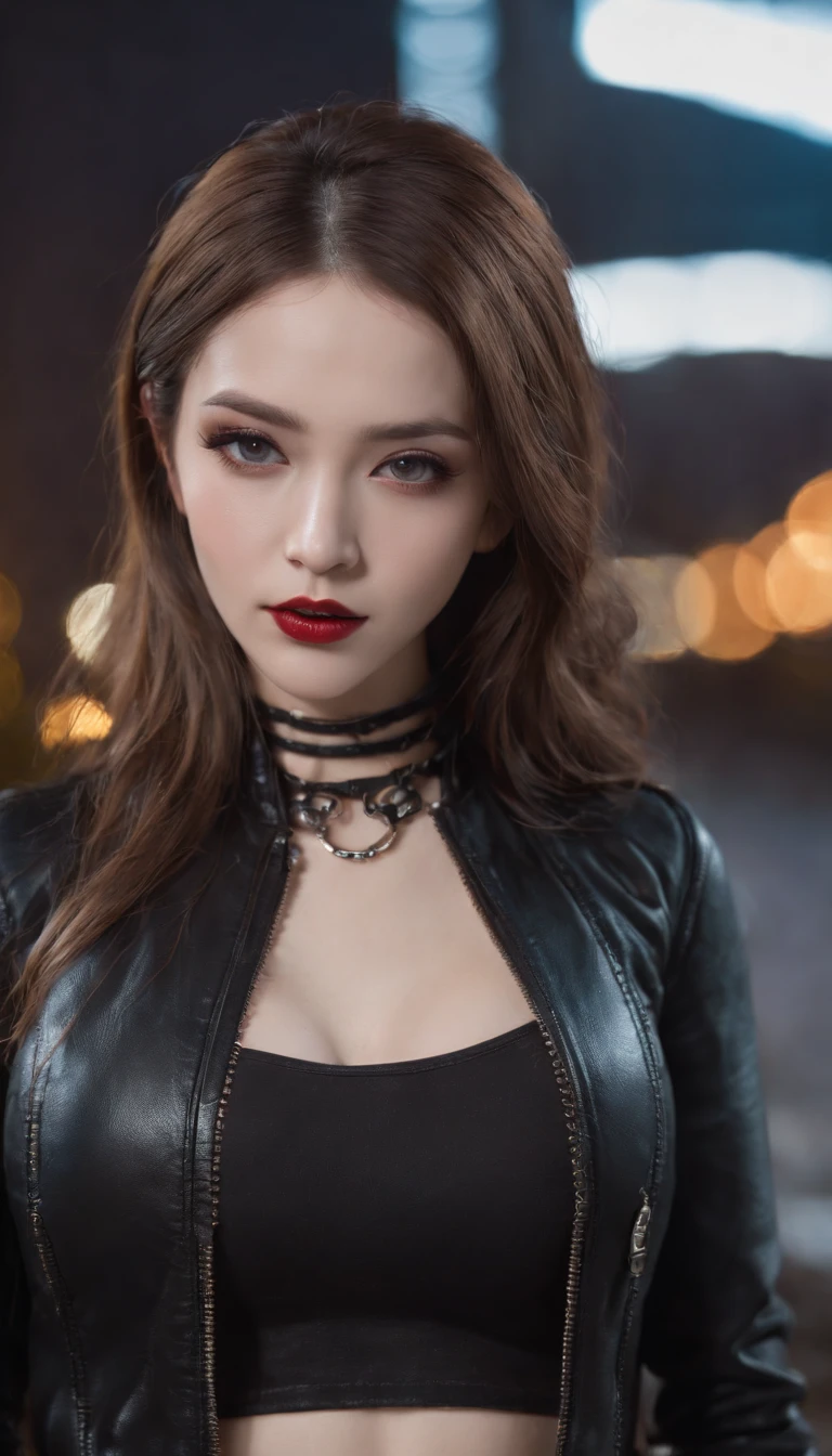 1Punk and goth girl with goth outfit,Sexy,(Black leather jacket, Mini skirt, choker necklace, Bracelet:1.1),fishnet stockings, tattoo, Long hair, Brown hair,bare shoulders, Hair between the eyes, Long hair, Oval face, Double eyelids, parted lip, Blue eyes, Solo, ((areola of breast)), (cleavage),Delicate and sexy(鎖骨:1.3), Light brown hair, (Shiny skin:0.8),(Masterpiece:1.4),(Best quality:1.4), Natural, Shiny red lips, Perfect abs, (Sheer areola), (sheerfabric),Outdoors, City, Night, Neon lights , dystopian, during night, future, nedium breasts ,Back Shadow,hindquarters,Pout your ass