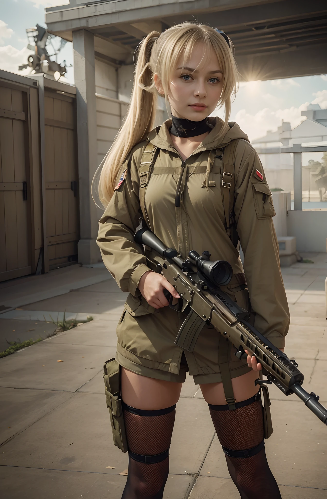 GAROTA DE ANIME DE SAIA MILITAR,TUDO MILITAR CAMUFLADO COM ARMAS E UM FUZIL NA MAO,PEITOS GRANDES