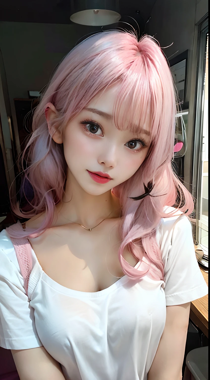 Her hair is pink and curly、A little shorter long hair。She has an F cup bust and wears a white dress.。The eyeliner under her eyes is pink and her overall makeup is well done.