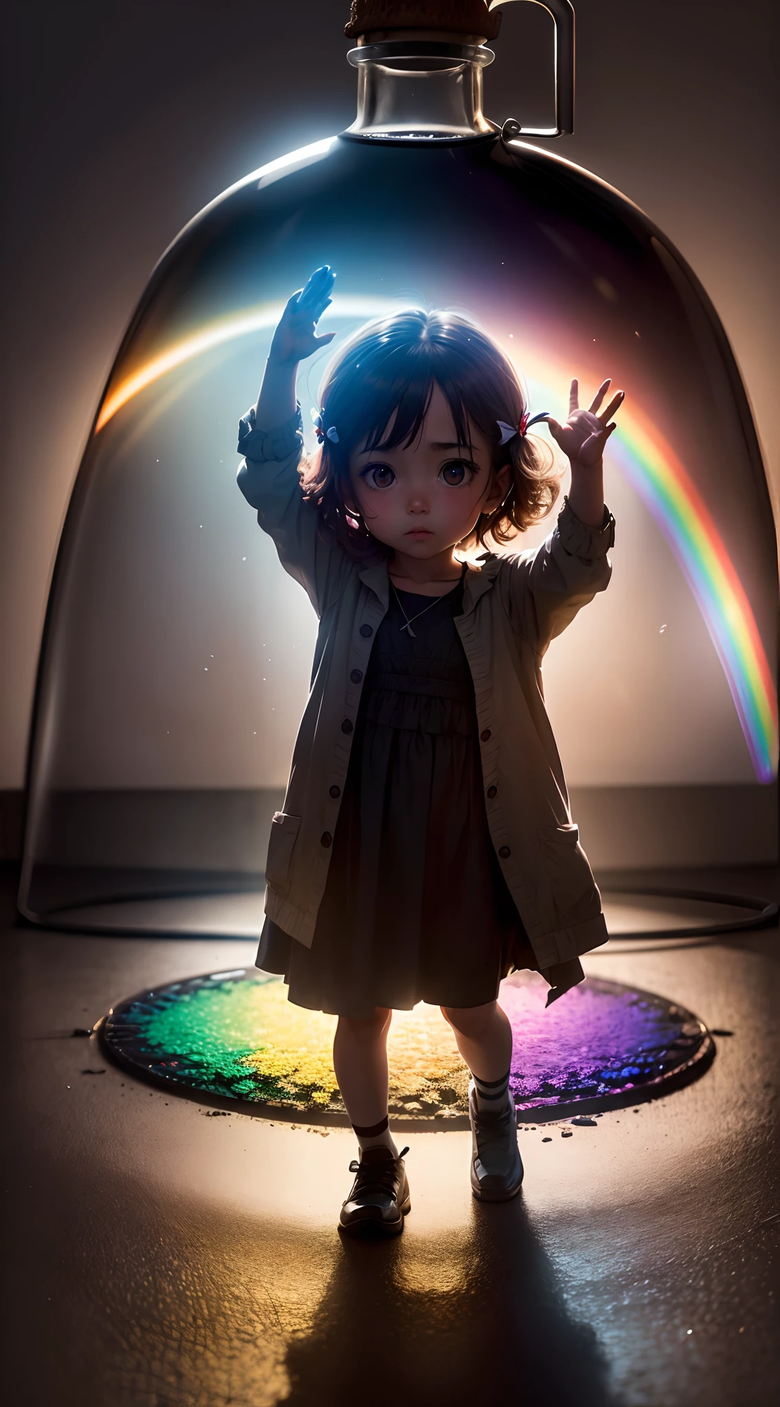 captures the essence of a rainbow flame trapped in an ordinary glass bottle, qu'un enfant tiens dans ses mains. Arc-en-ciel contenu dans une bouteille, In a world of grey shadow, without light, A holds a glass bottle with a locked rainbow. It protects it from harmful shadows. Enfant protecteur, triste mais plein d'espoir. Hdr, High quality, High resolution. Sauvage et sombre, The light emanates from the bottle where the rainbow remains. A glimmer of hope. Hdr, High resolution, High quality, Extraordinary masterpiece.