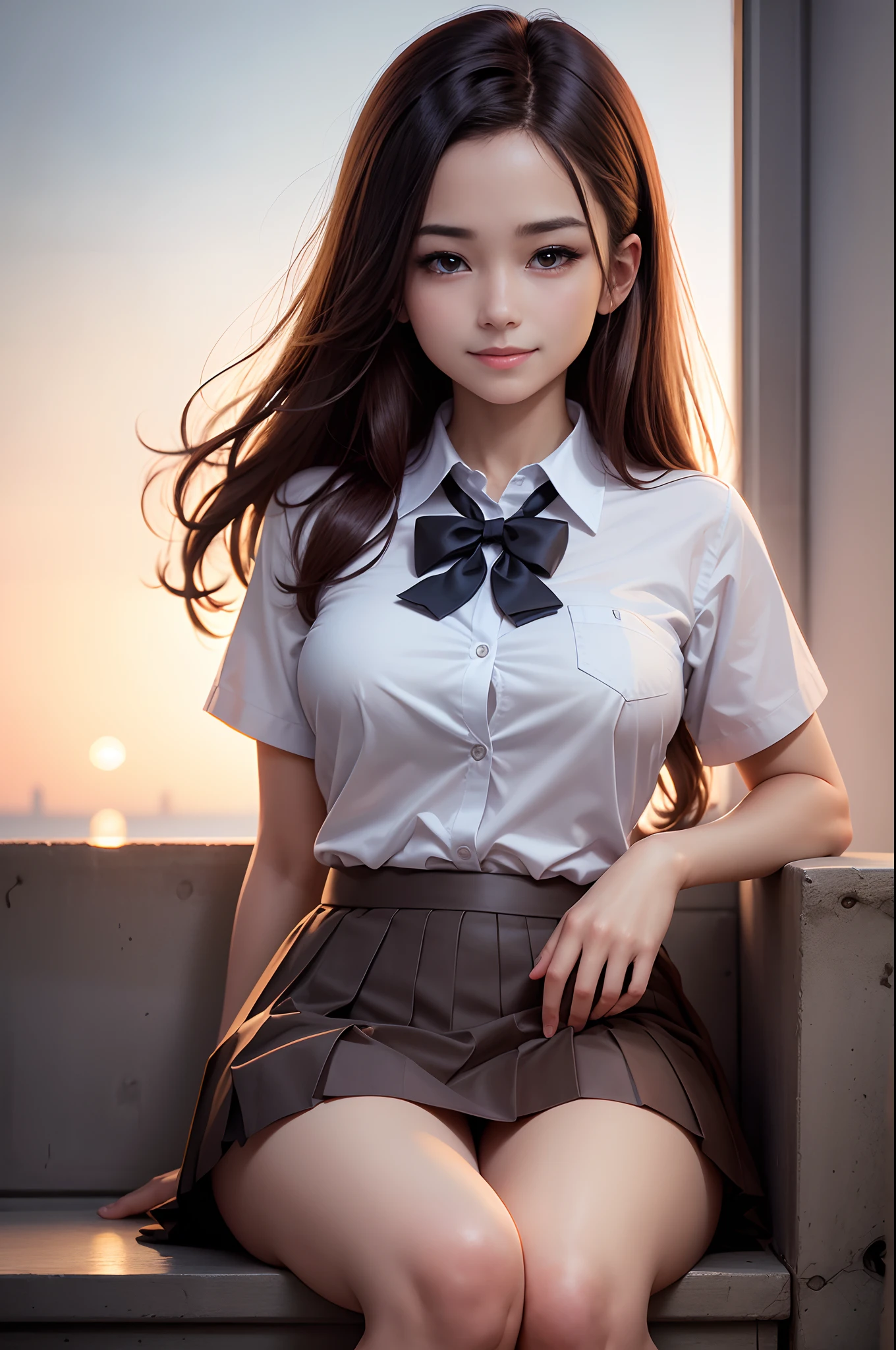 8K, Raw photo, Best Quality, masutepiece: 1.2), (Realistic, Photorealsitic: 1.37), Ultra-detailed, 1 girl, Beautiful, Solo, Beautiful detailed sky, Detailed Coffee, Night, Sitting, (Flushed nose), (Smile: 1.1), long brown hair medium breasts, Beautiful detailed eyes, (Collared shirt: 1.1), a bow tie, Pleated skirt, (Short hair: 1.2), Long hair, Beautiful expression 超A high resolution real looking skin