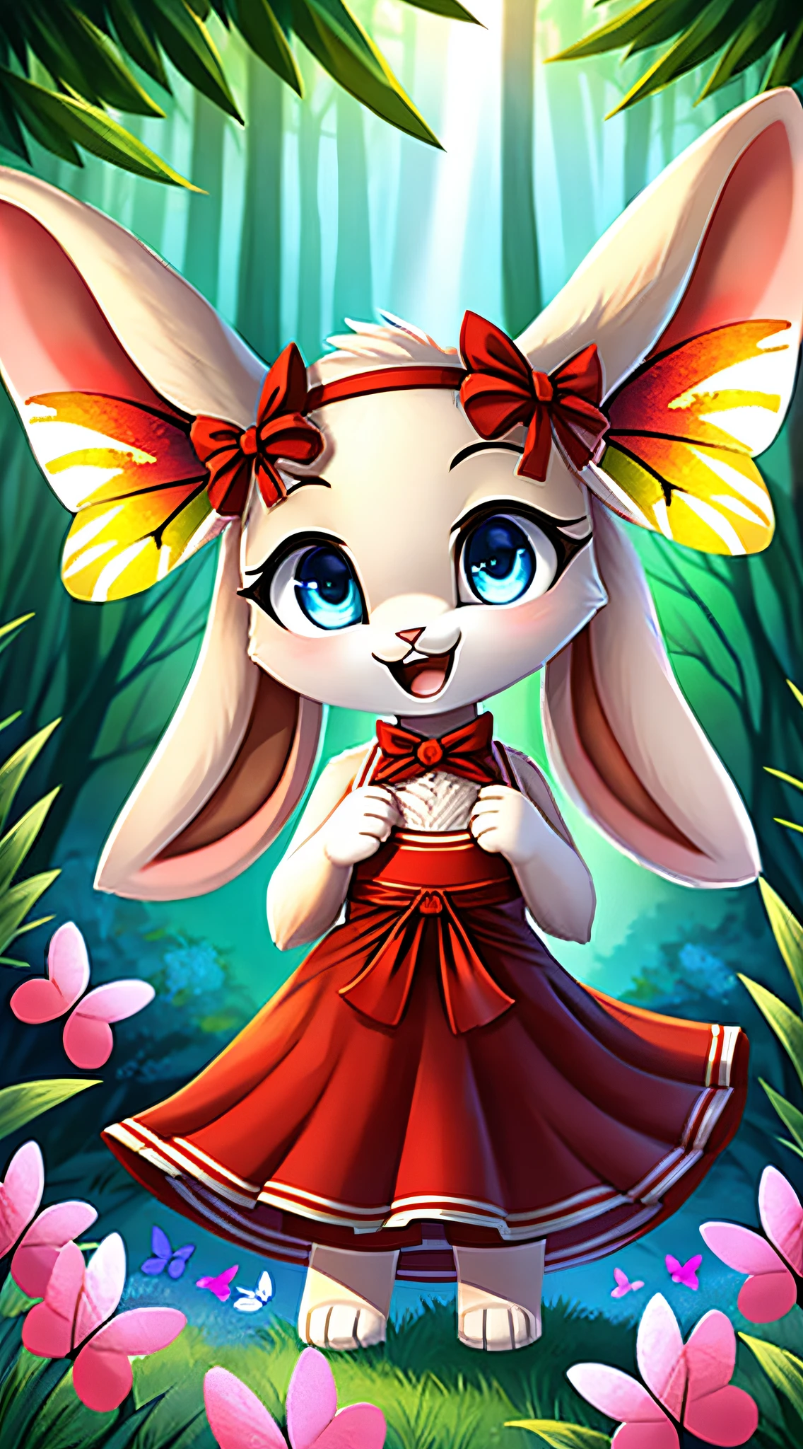 zoomed out image, fantasy style art, cute, adorable, small, short, tiny, teenage fluffy female white bunny with blue eyes, attractive body, large chest, curvy and skinny body, 4 ears, 2 extra ears, big floppy ears, long ears, ears perked up, raised ears, long eyelashes, modest clothes, wearing a long red frilly ribbon dress, halter dress, dress that goes up to the neck, standing in a forest, colorful butterflies, big expressive smile, open mouth, wide eyes, excited eyes, excited face, stunning visuals, sunrays, digital illustration