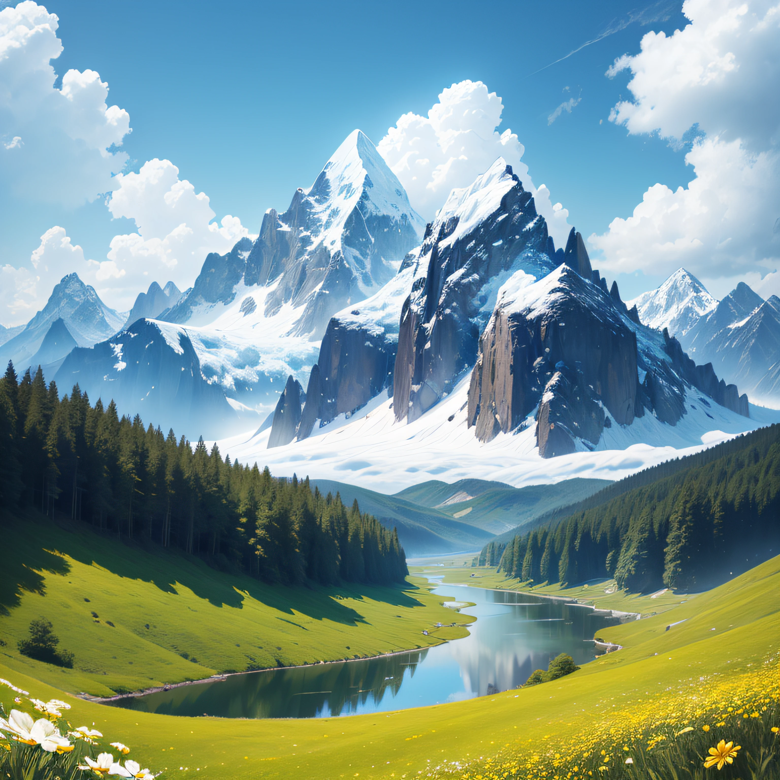 Summer, meadows, a few small flowers, clear lakes, heaven, large clouds, blue sky, hot weather, HD detail, hyper-detail, cinematic, surrealism, soft light, deep field focus bokeh, distant vistas are snowy Himalayan mountains, ray tracing, and surrealism. --v6