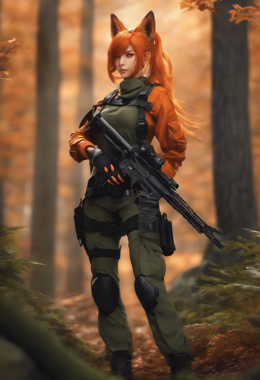 Anime, 1girl, Ponytail ,long hair orange color, Fox Ear, red eyes, wearing military outfit, holding gun M82A1, Forest, absurdres, high res, ultrasharp, 8k, materpiece, looking at viewer