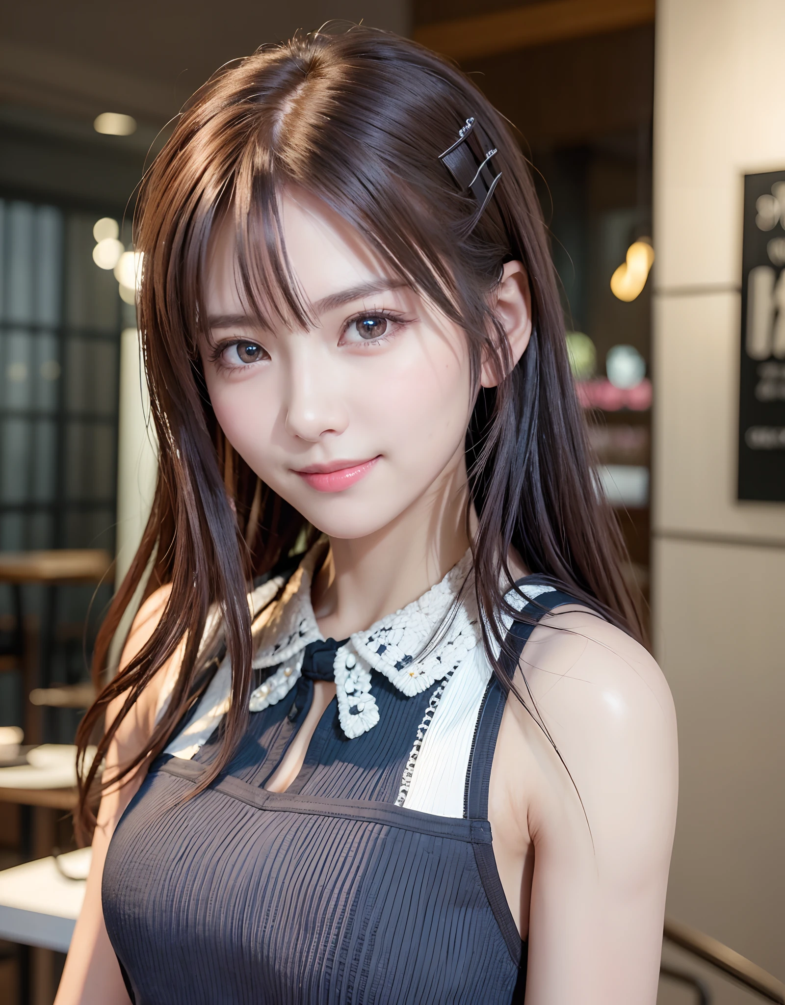 top-quality、8K Masterpiece、超A high resolution、(Photorealsitic:1.3)、Raw photo、女の子1人、Hair style tied back、glowy skin、Cafe Clerk、Stylish、Cute apron、((super realistic details))、portlate、globalillumination、octan render、in 8K、ultrasharp、highly intricate detail、Realistic light、CGSoation Trends、beautidful eyes、radiant eyes、Facing the camera、Spiteful smile