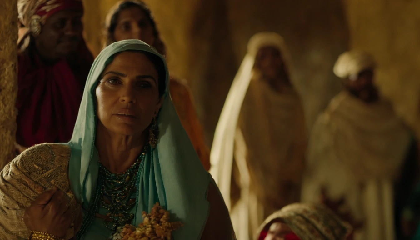 uma mulher israelenseDorcas era conhecida por sua habilidade como costureira. She used her talent to make clothes and garments for those in need, especially the needy widows of the region. , na cidade antiga peles claras, Ainda do filme live action, cenas de filmes live-action, 16384K Filmes, still image from tv series, cinematic Film still from, film still image, portrait of bedouin d&d, cena maravilhosa
