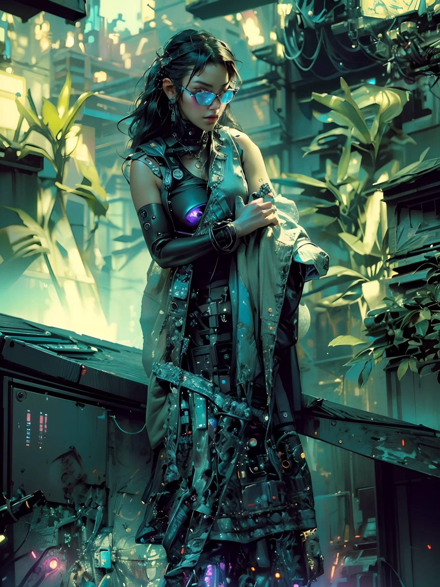 ((Best quality)), ((masterpiece)), (highly detailed:1.3), 3D, beautiful (cyberpunk:1.3) hacker woman with thick voluminous hair operating a computer terminal