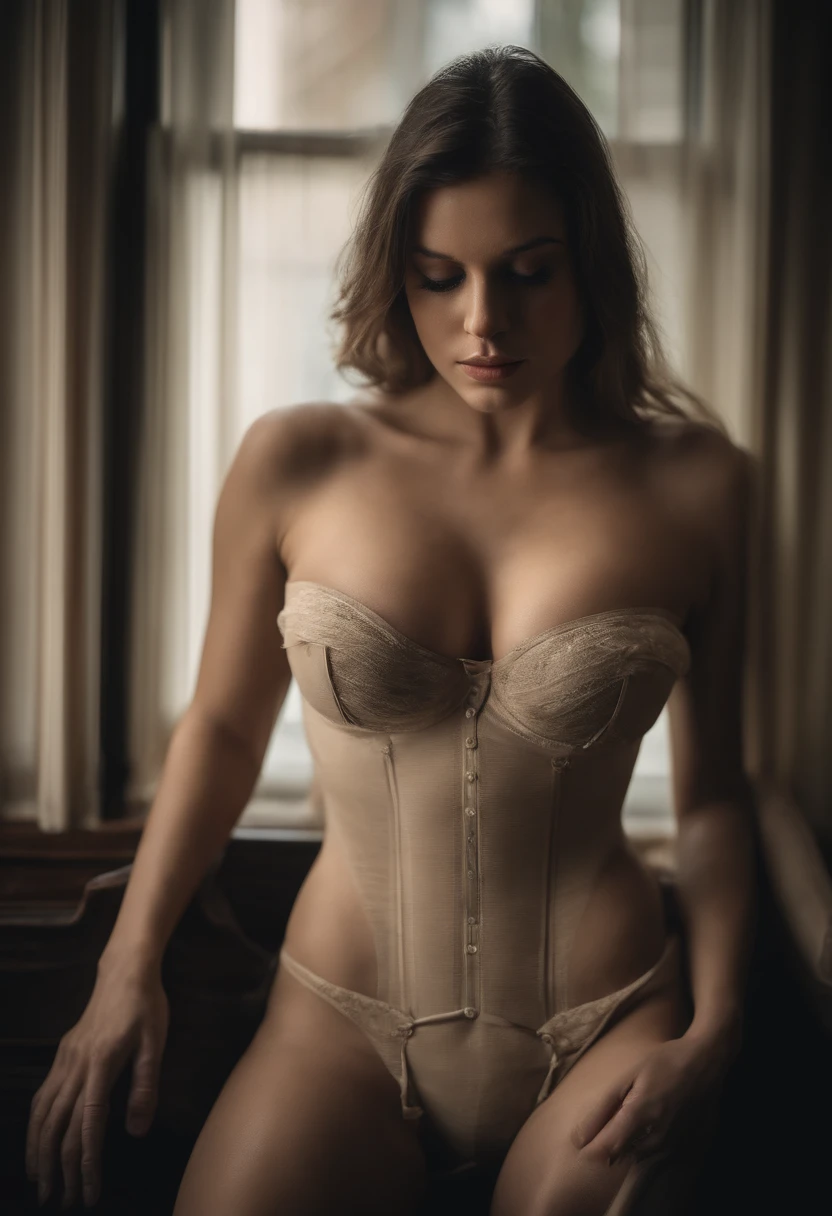 Black corset,Bondage，In front of the window，onbed，Feet up，Arms hold up the breasts，((Best quality, 8K, Masterpiece:1.3))), Clear focus: 1.2, (layer cut, Big breasts:1.2),Beautiful woman with perfect figure: 1.4, Slender abs:1.2, Wet body:1.5, Highly detailed face and skin texture, huge tit, Breasts, A towel covers the abdomen，Long hair