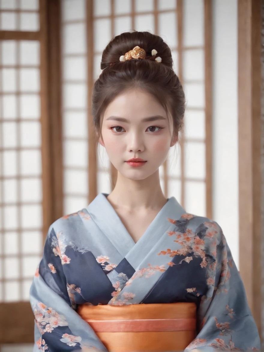 woman with Japan kimono、Wearing light makeup with orange cat on chest、Perfect facial features、dual、Super beauty、A detailed face、Plump lips、detailed pussy 、