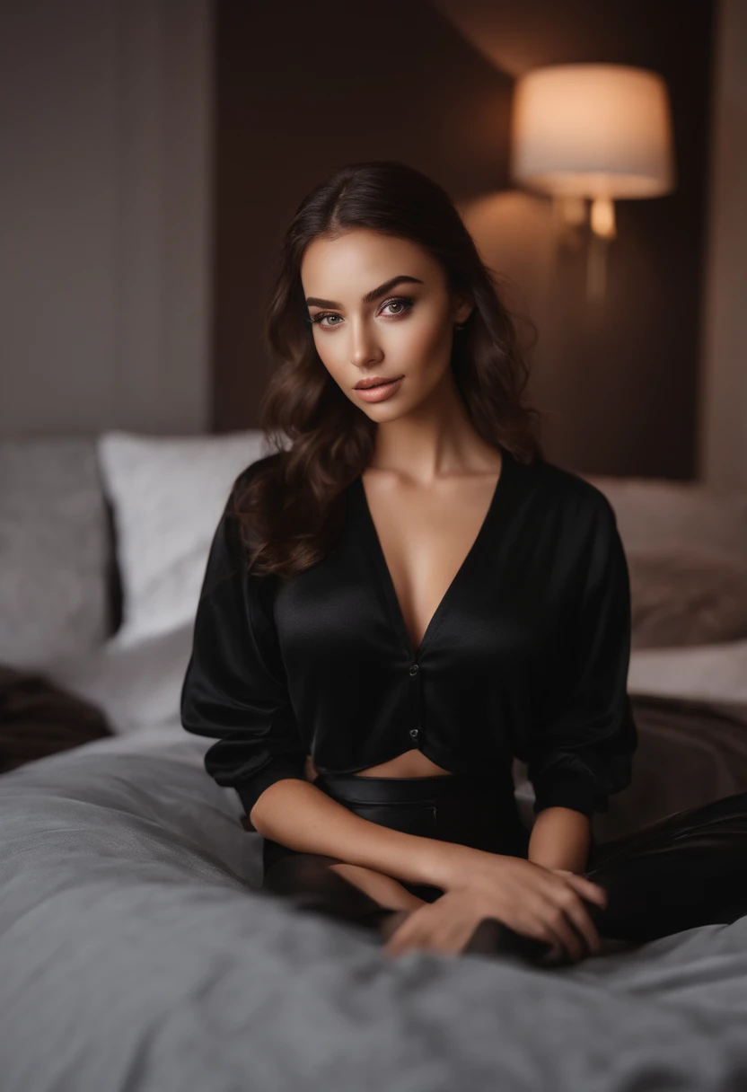 arafed woman with black clothes, sexy girl with brown eyes, portrait sophie mudd, brown hair and large eyes, selfie of a young woman, bedroom eyes, violet myers, without makeup, natural makeup, looking directly at the camera, face with artgram, subtle makeup, stunning full body shot, soccer match, cleavage