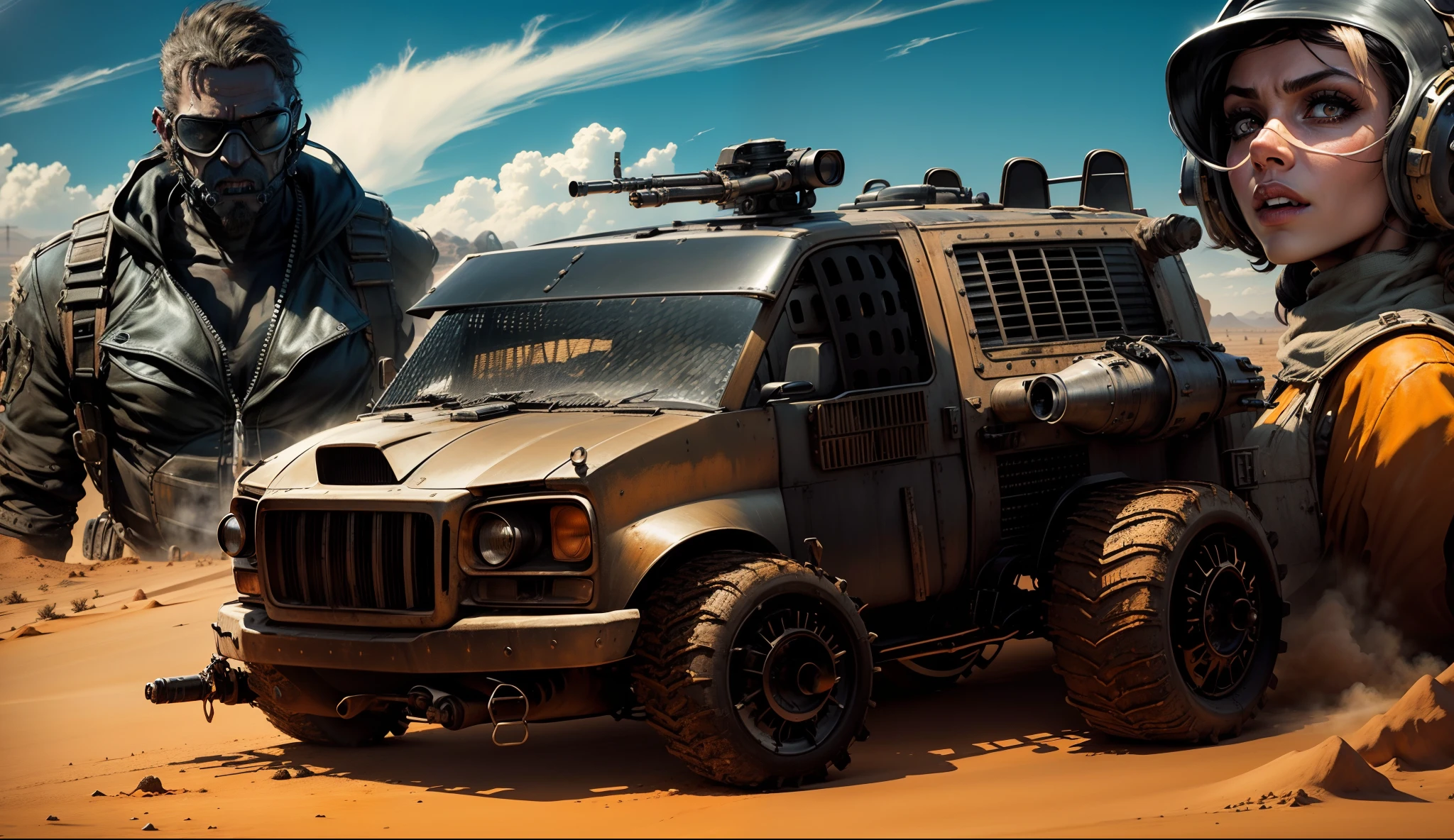 Um carro preto armado e estragado no estilo de Mad Max todo poderoso com torpedos e turbina, behind a pilot in Mad Max-style clothes and on the other side a beautiful Mad Max-style warrior woman and in the background a city in the middle of the desert with Mad Max-style buildings and constructions, The whole scene is in orange yellow hues of the dry desert with a sun shining in the sky
