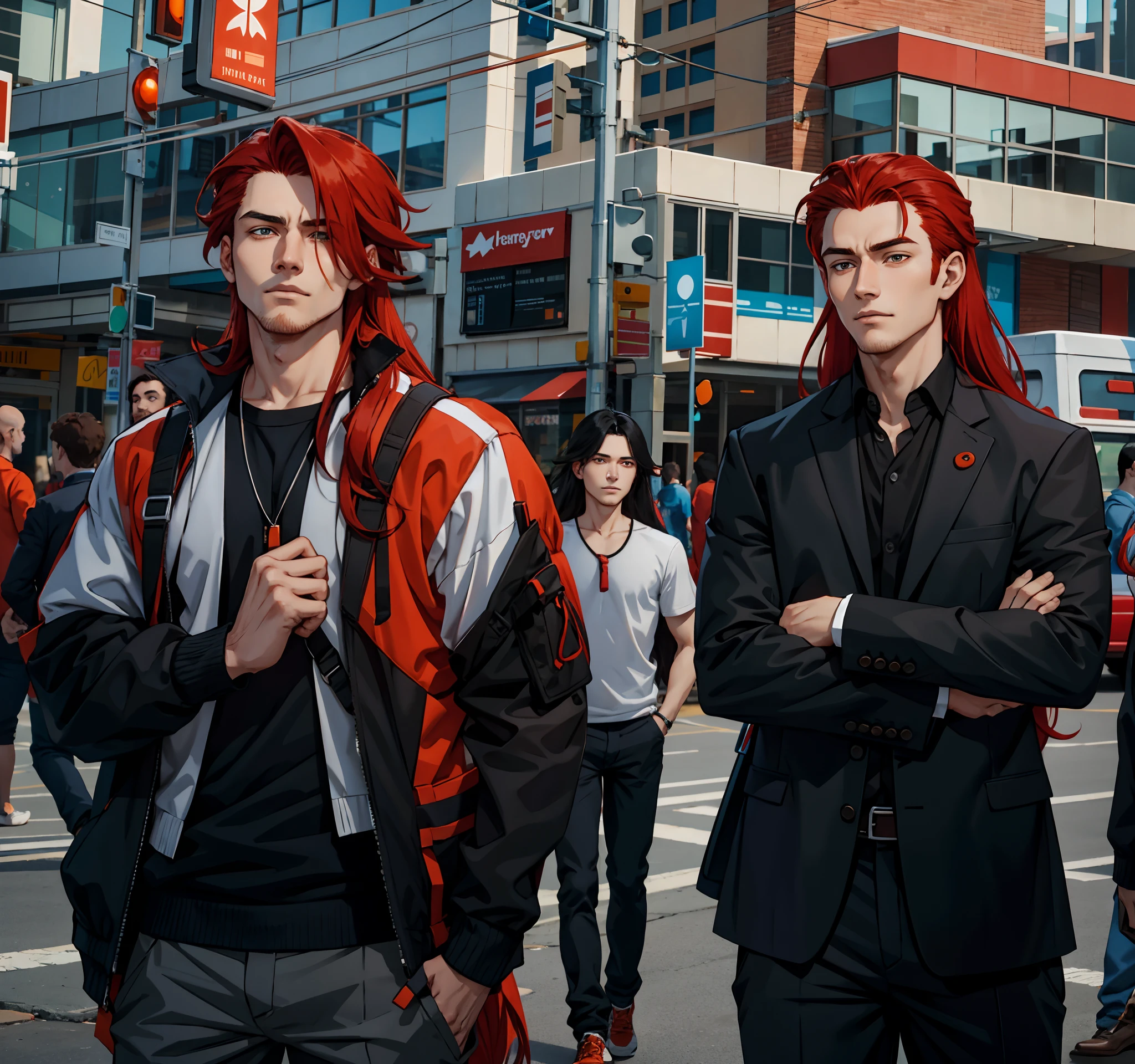 Long hair red-haired boy smooth face in casual orange clothes and pale boy with long black hair wearing a suit