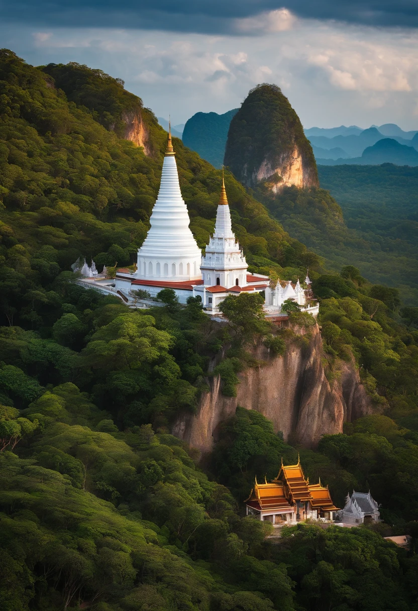 Landscape of thailand, White tower and monastery on the hill, intricate image