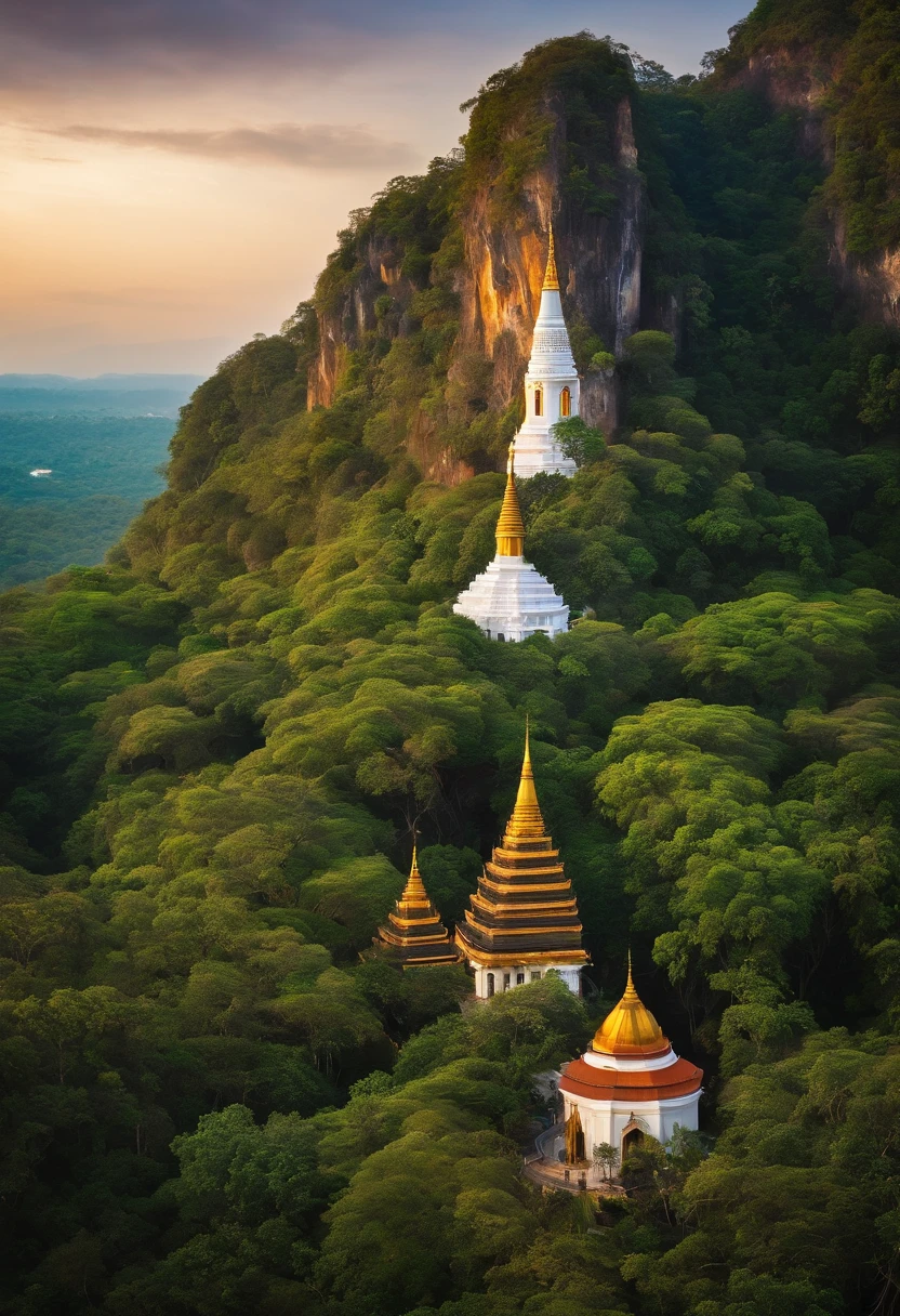 Landscape of thailand, White tower and monastery on the hill, intricate image