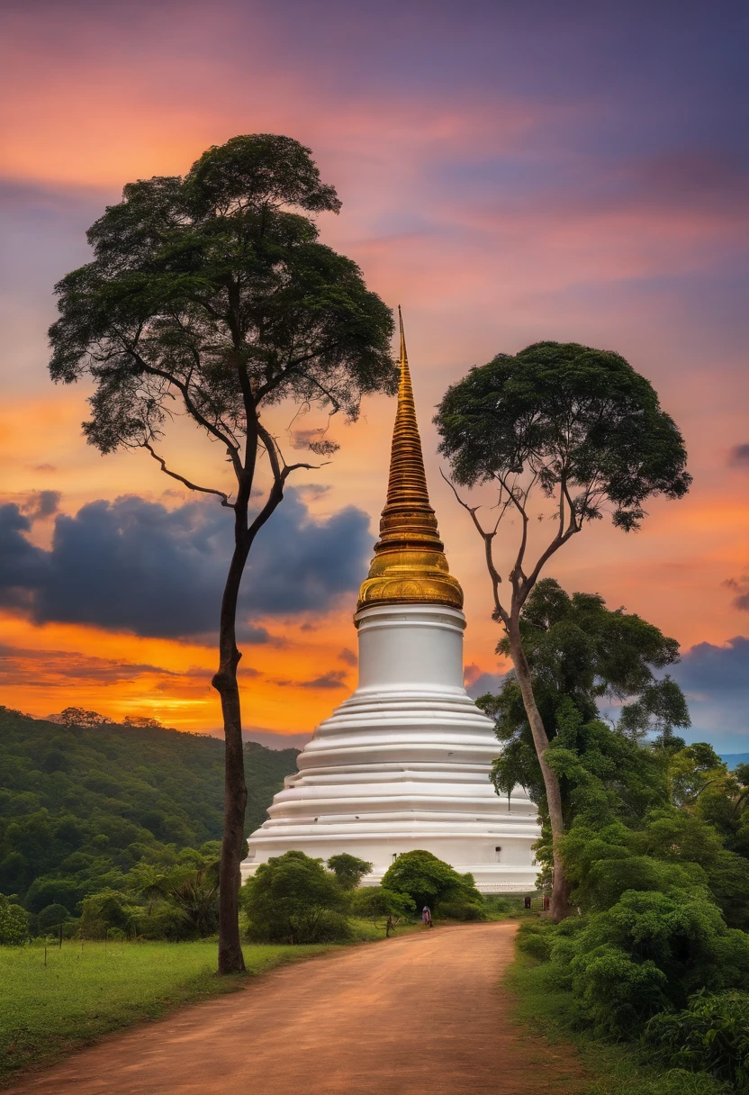 Landscape of thailand, White tower and monastery on the hill, intricate image