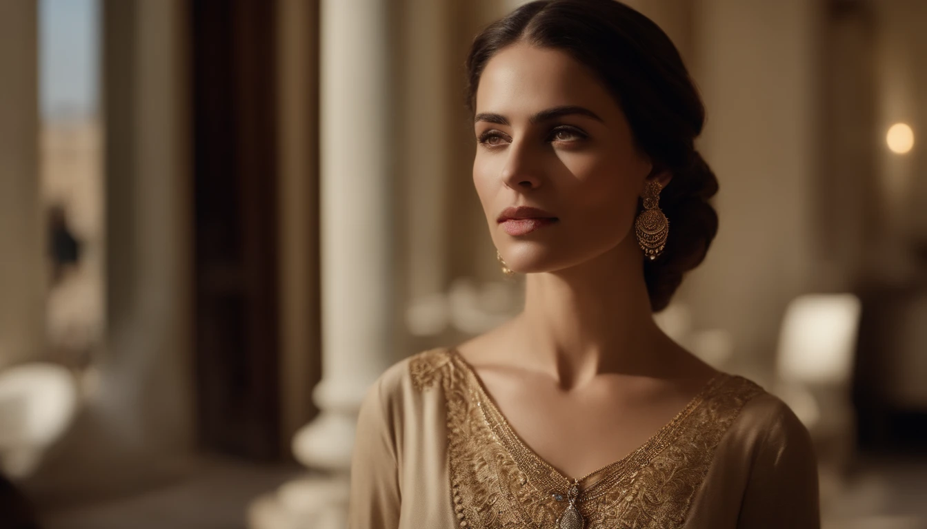 Uma mulher de cabelos lisos, Long and brown and lips well demarcated and wearing few jewels and in the background the city of Jerusalem with bright sun and its blurred image in a bathroom of the time of Christ. Uma mulher morena de rosto delicado