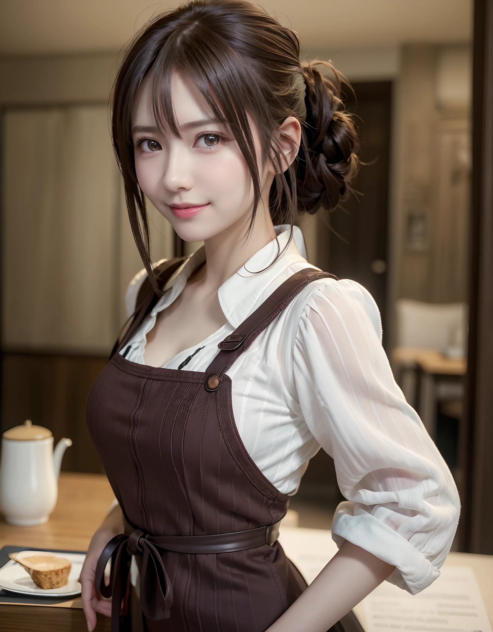 top-quality、8K Masterpiece、超A high resolution、(Photorealsitic:1.3)、Raw photo、1人、The hairstyle is tied at the back、glowy skin、Cafe Clerk、Stylish、Cute apron、((super realistic details))、portlate、globalillumination、octan render、in 8K、ultrasharp、highly intricate detail、Realistic light、CGSoation Trends、beautidful eyes、radiant eyes、Facing the camera、Spiteful smile