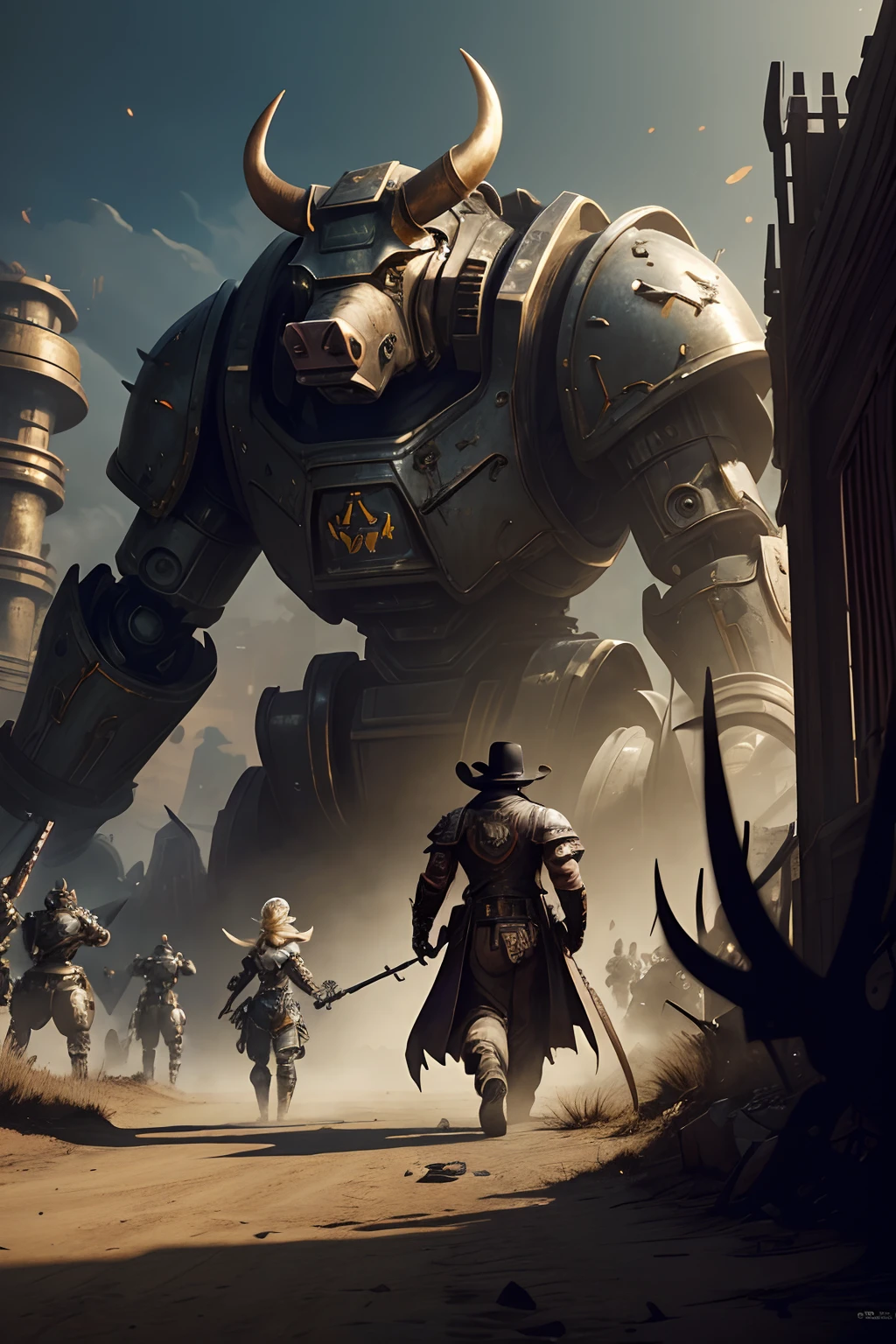 arafed image of a man and a woman walking in front of a group of robots, grimdark steampunk fantasy, ps 4 in - game cinematic, character with a hat, a horned, wasteland, official splash art, “pig, the gunslinger, gray wasteland, swarm, heavy white and golden armor, sepia, official artwork, ox