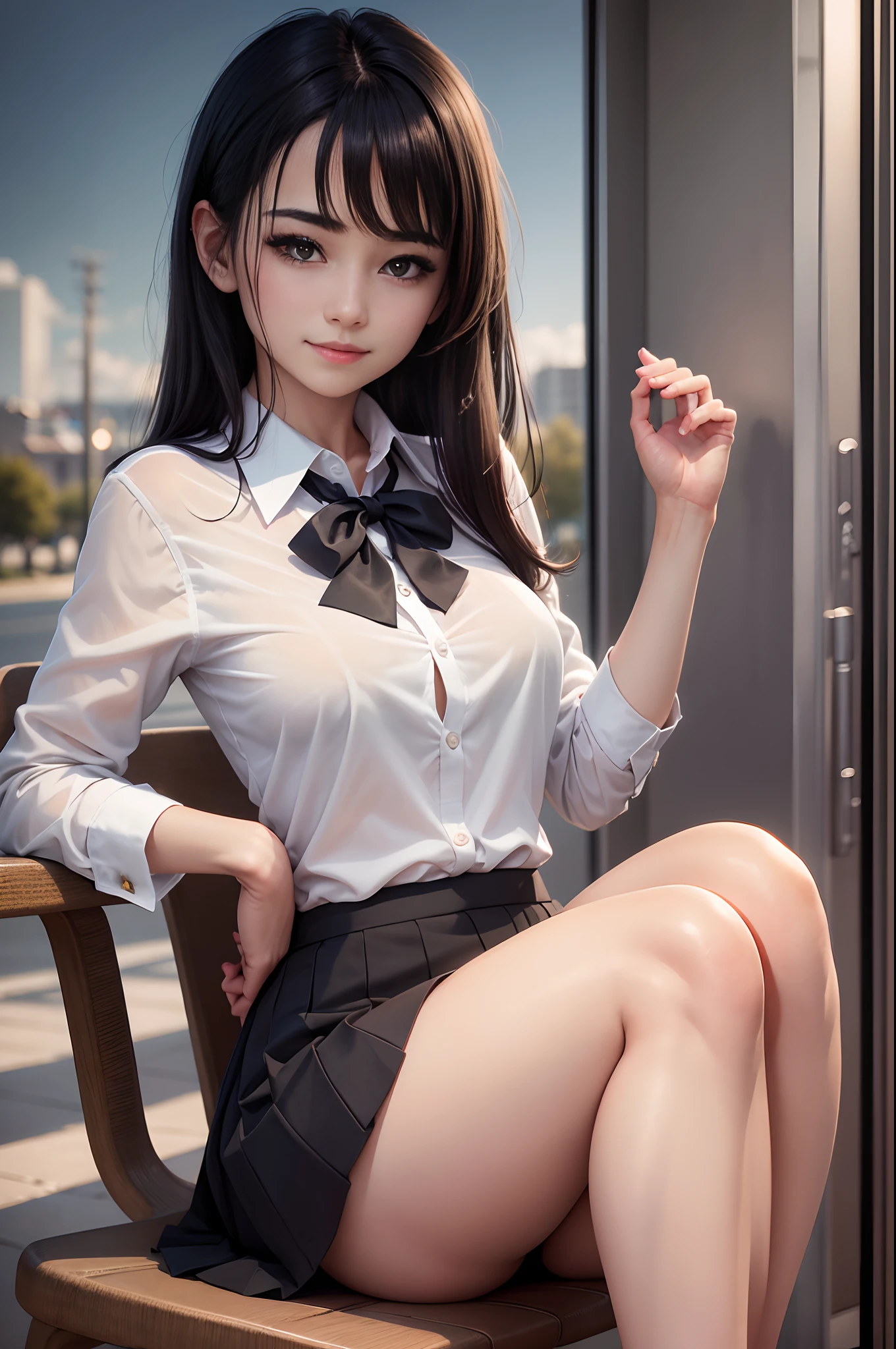 8K, Raw photo, Best Quality, masutepiece: 1.2), (Realistic, Photorealsitic: 1.37), Ultra-detailed, 1 schoolgirl, Beautiful, Solo, Beautiful detailed sky, Detailed Coffee, Night, Sitting, (Flushed nose), (Smile: 1.1), Long black hair　medium breasts, Beautiful detailed eyes, (Collared shirt: 1.1), a bow tie, Pleated skirt, (Short hair: 1.2), Long hair, 　Wet and see-through underwear　超A high resolution　real looking skin　Beautiful expression　wetting hair　A sexy