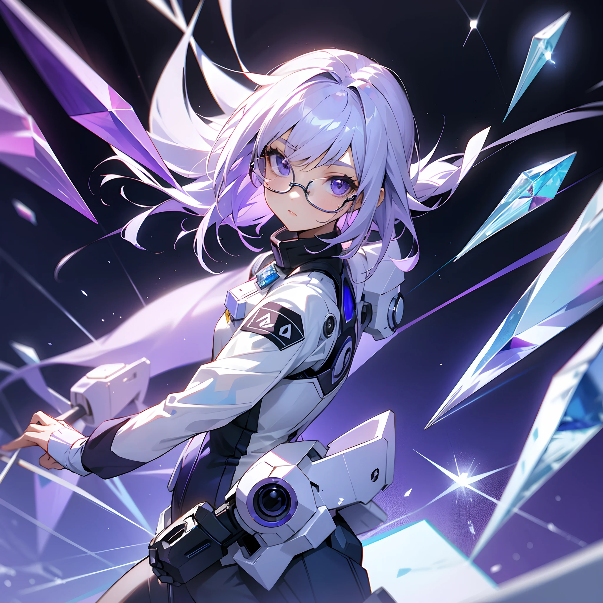 Purple-white hair，teens girl，droid，White combat uniform，Blue glasses，Crystal elements