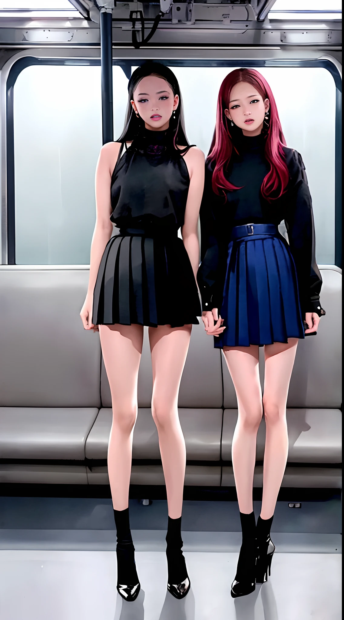 ((Blackpink Josoo as a -teen girl)), lolouse, tiny pleated skirt, waist-high black tights, high heels, full body photo, very fair skin, shaved hair, busy train car, photorealistic, indirect lighting, volumetric light, ray tracing, hyperdetailed