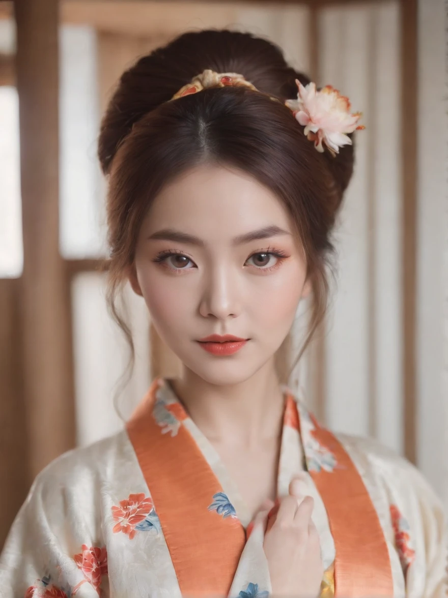 20 year old Japan woman with Japan kimono、Wearing light makeup with orange cat on chest、Perfect facial features、dual、Super beauty、A detailed face、Woman with plump lips、detailed pussy 、