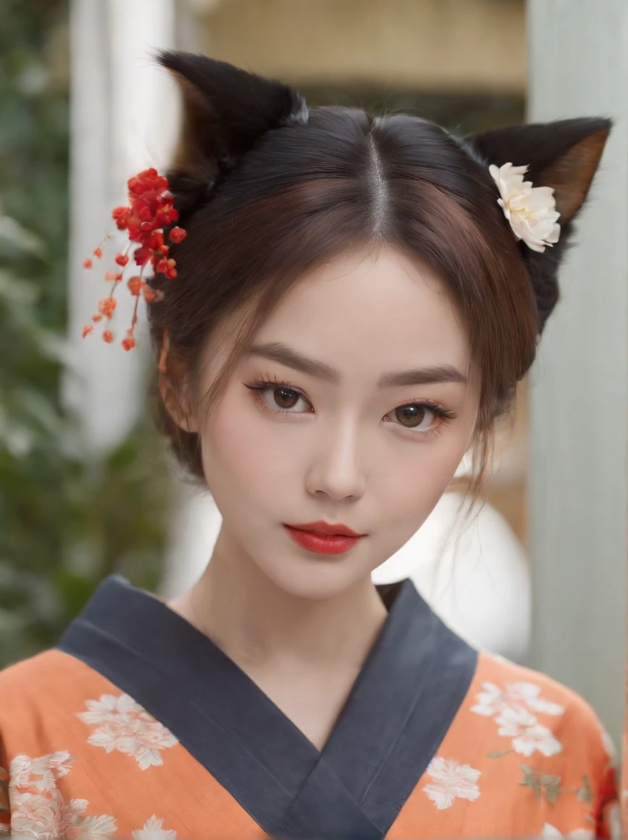 20 year old Japan woman with Japan kimono、Wearing light makeup with orange cat on chest、Perfect facial features、dual、Super beauty、A detailed face、Woman with plump lips、detailed pussy 、