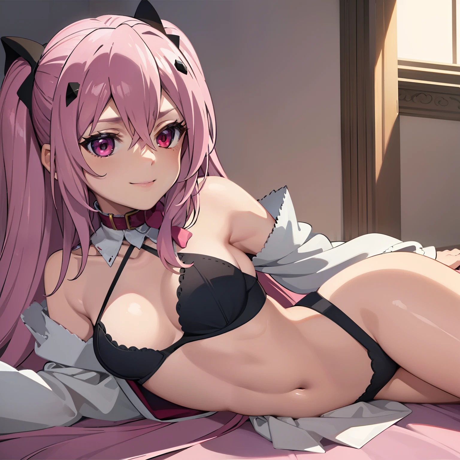 (Masterpiece), Best Quality, expressive eyes, a perfect face, 1girl, solo, pink hair, red eyes, Flat Breast, smile, underwear, black panties, black bra, pink bows, lying on bed, lying on stomach